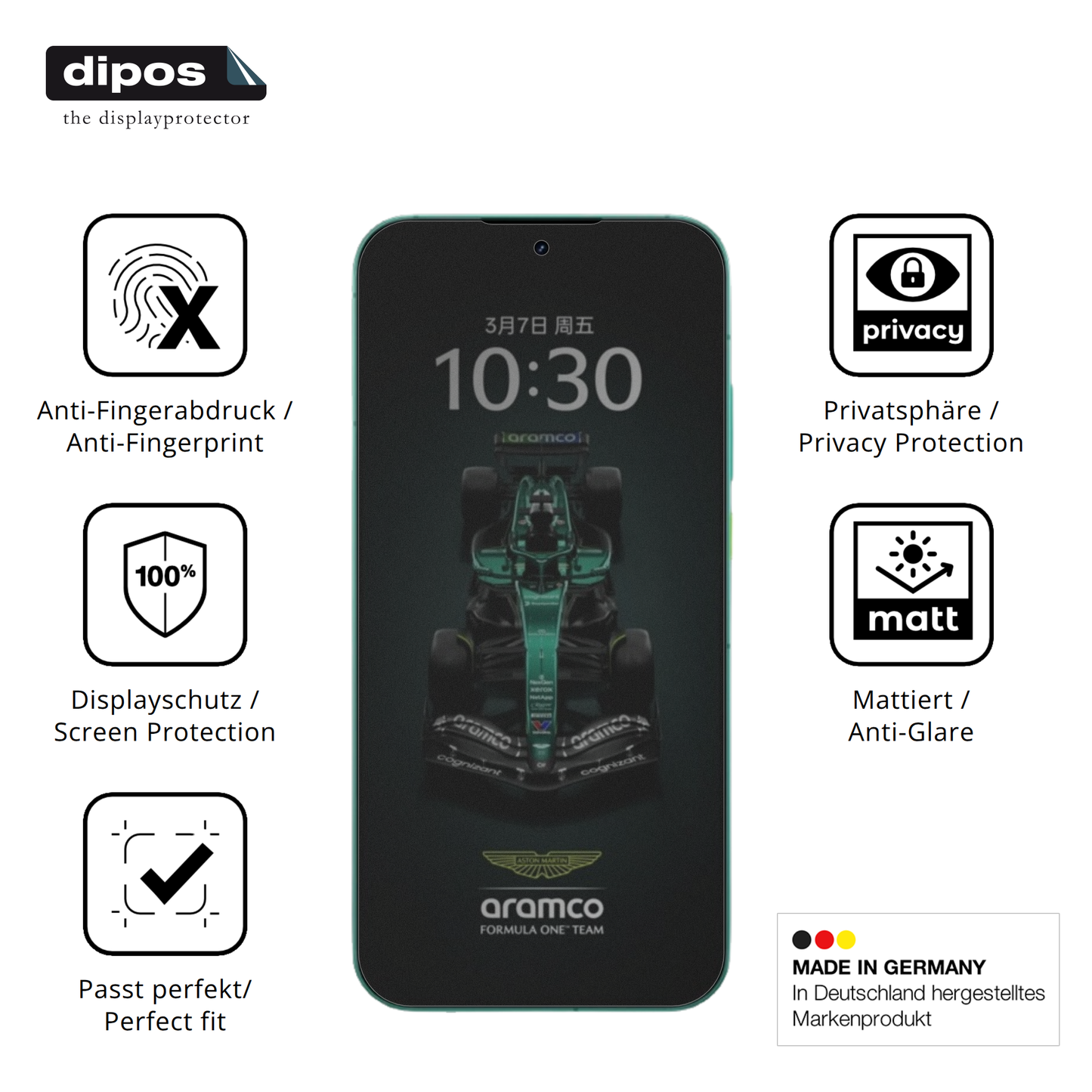 Privatsphäre-Schutz durch Sichtschutz-Folie passend zugeschnitten für realmegt8 pro aston martin