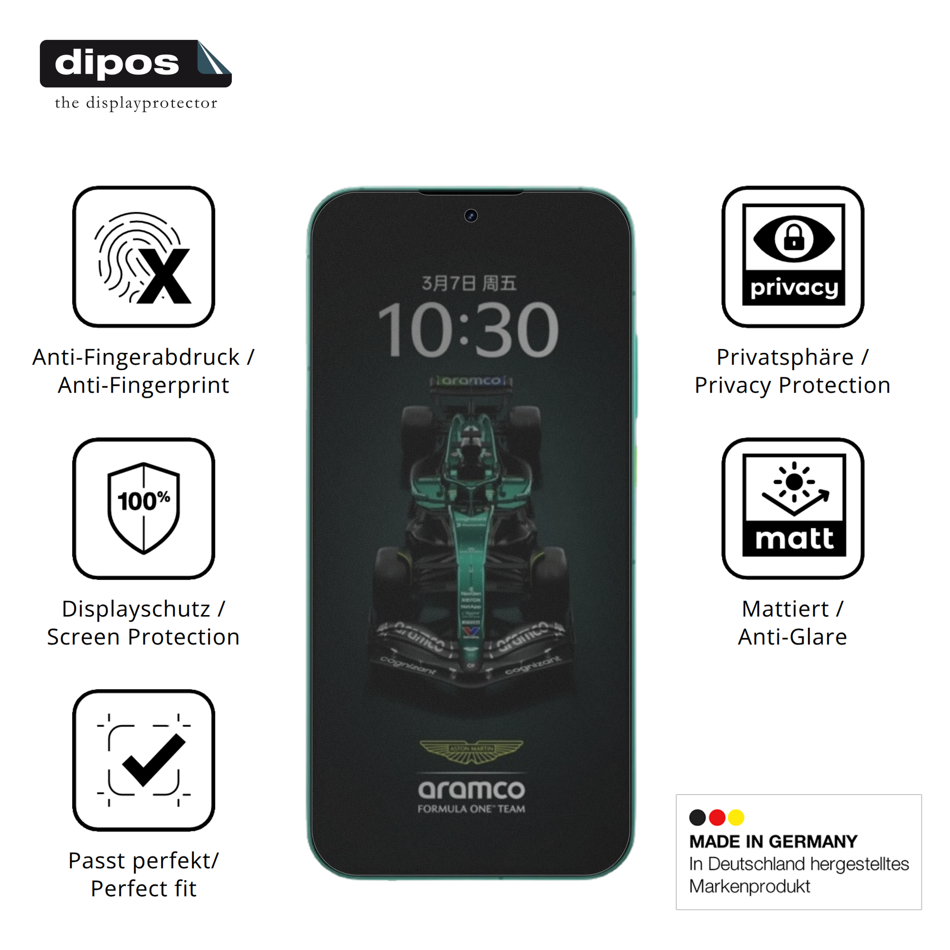 Privatsphäre-Schutz durch Sichtschutz-Folie passend zugeschnitten für realmegt8 pro aston martin
