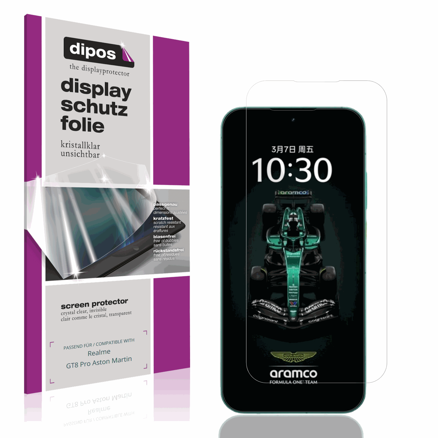 Klare Displayschutzfolie von dipos passend für realmegt8 pro aston martin, präziser Zuschnitt und blasenfrei montiert