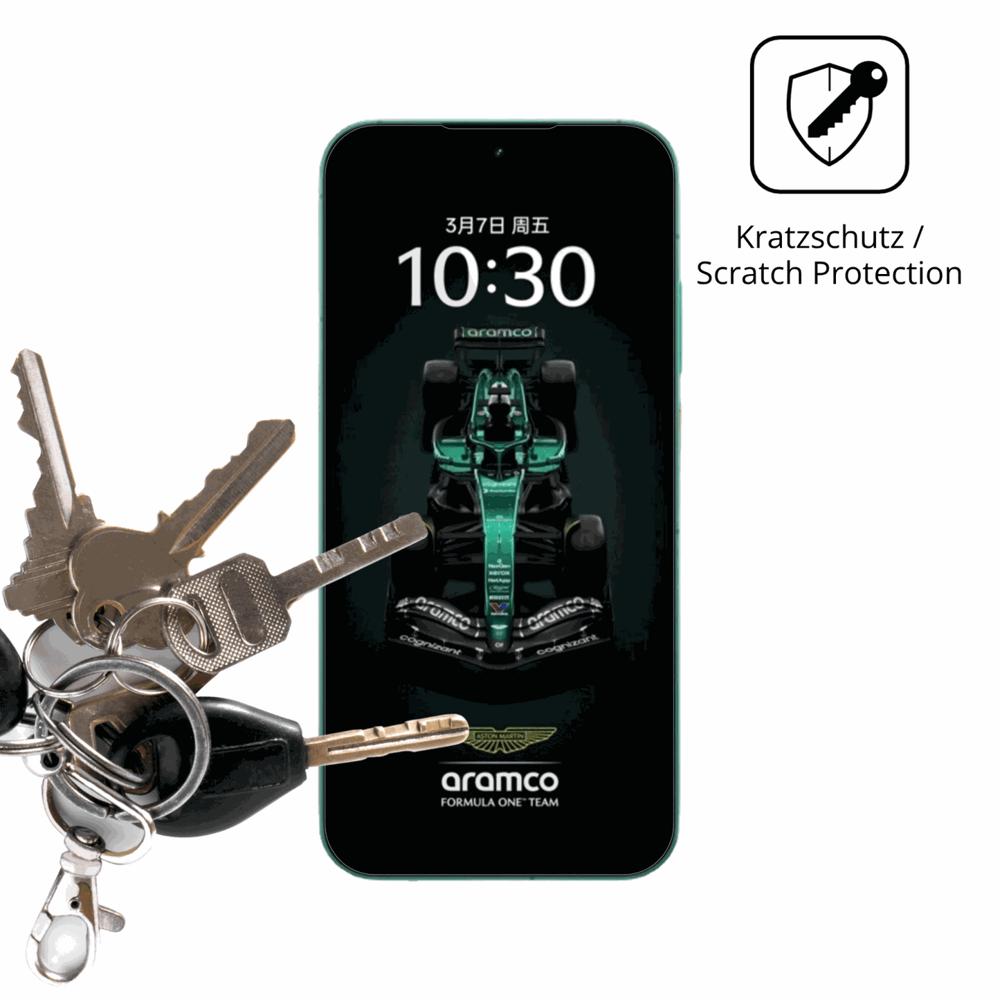 Schutz gegen Kratzer auf dem realmegt8 pro aston martin Glas durch Schlüssel oder Ähnliches