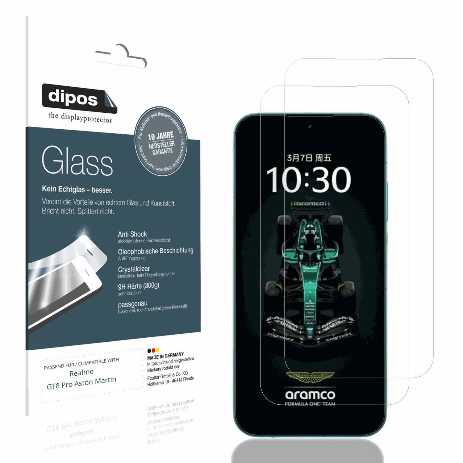 Klare Displayschutzfolie von dipos passend für realmegt8 pro aston martin, 9H kratzfest und blasenfrei montiert