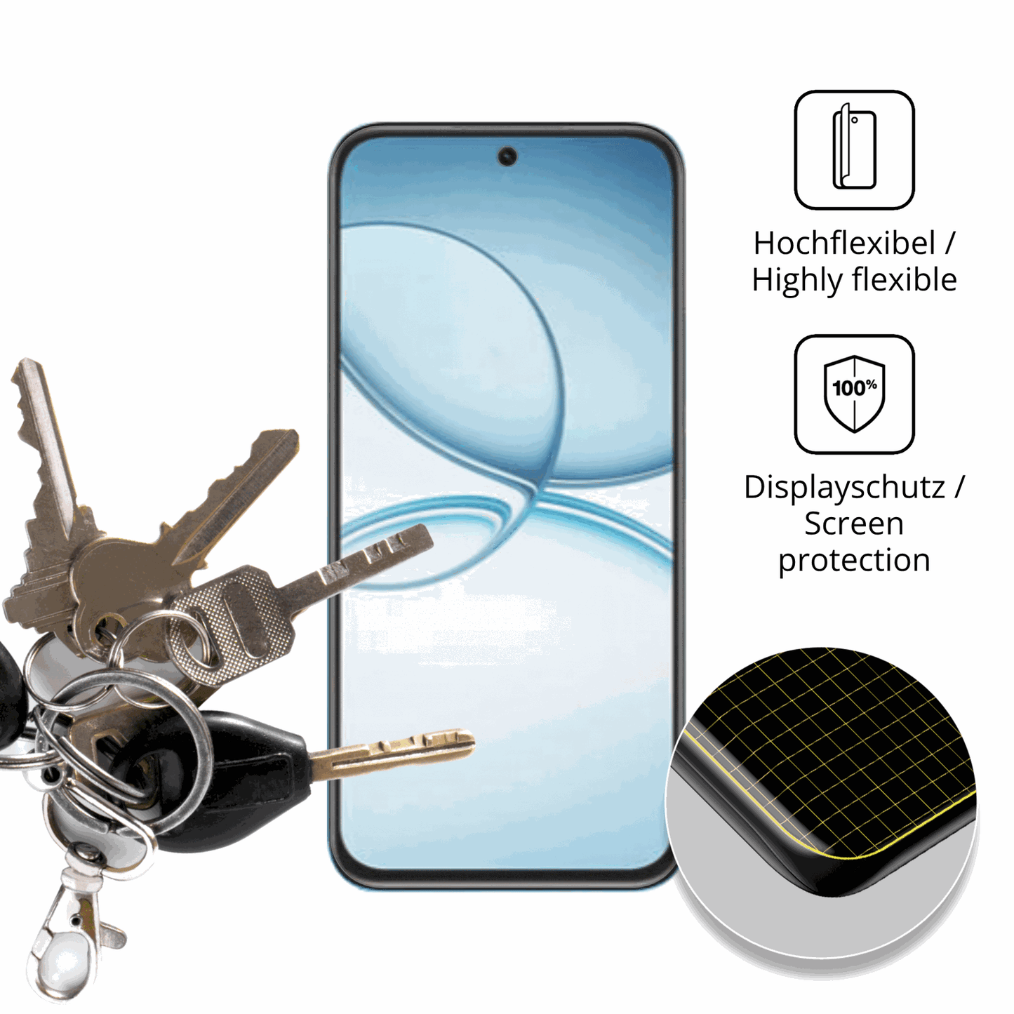 dipos Displayschutz für Realme Narzo 90X, transparente Oberfläche, perfekte Passform auch für die Rundungen