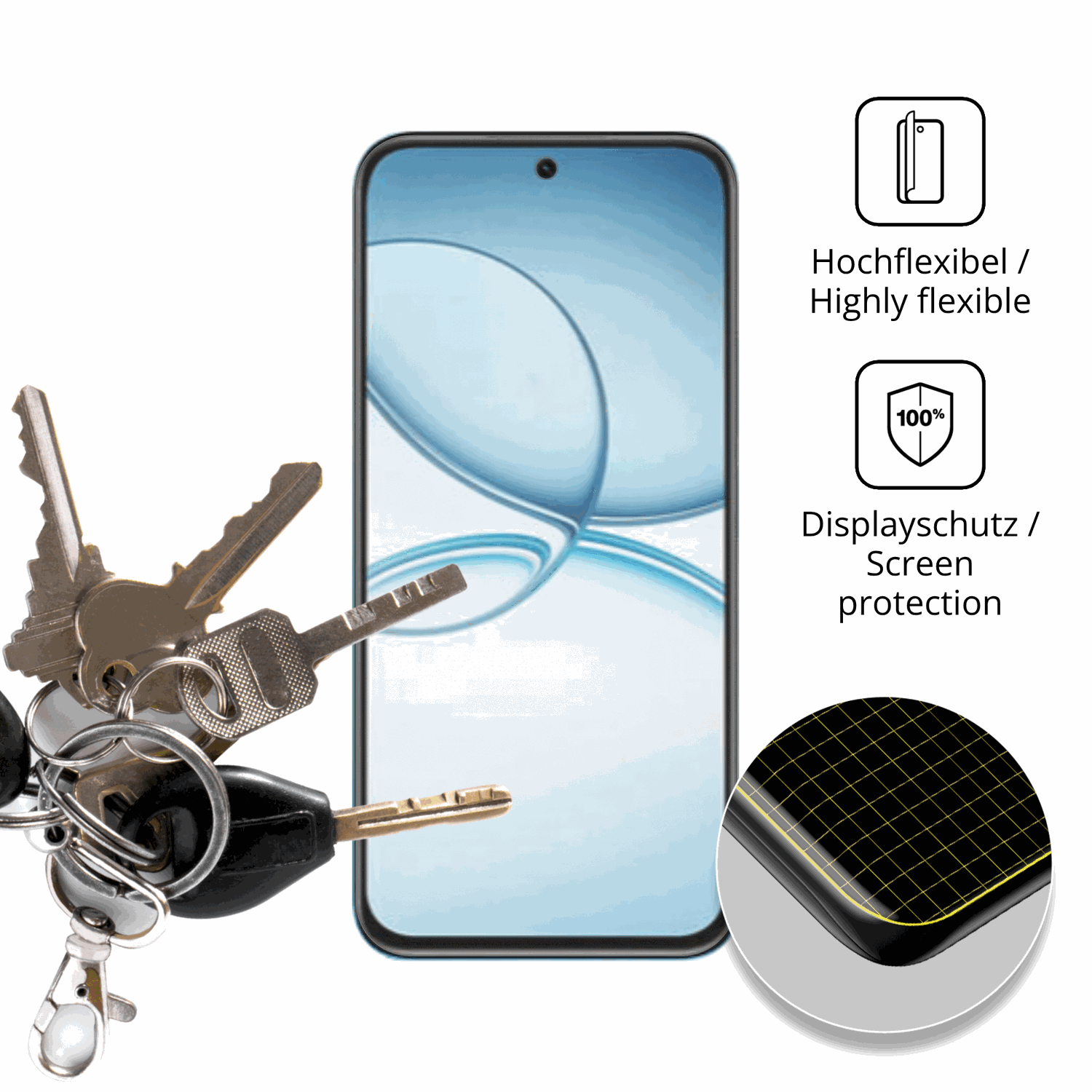 dipos Displayschutz für Realme Narzo 90X, transparente Oberfläche, perfekte Passform auch für die Rundungen