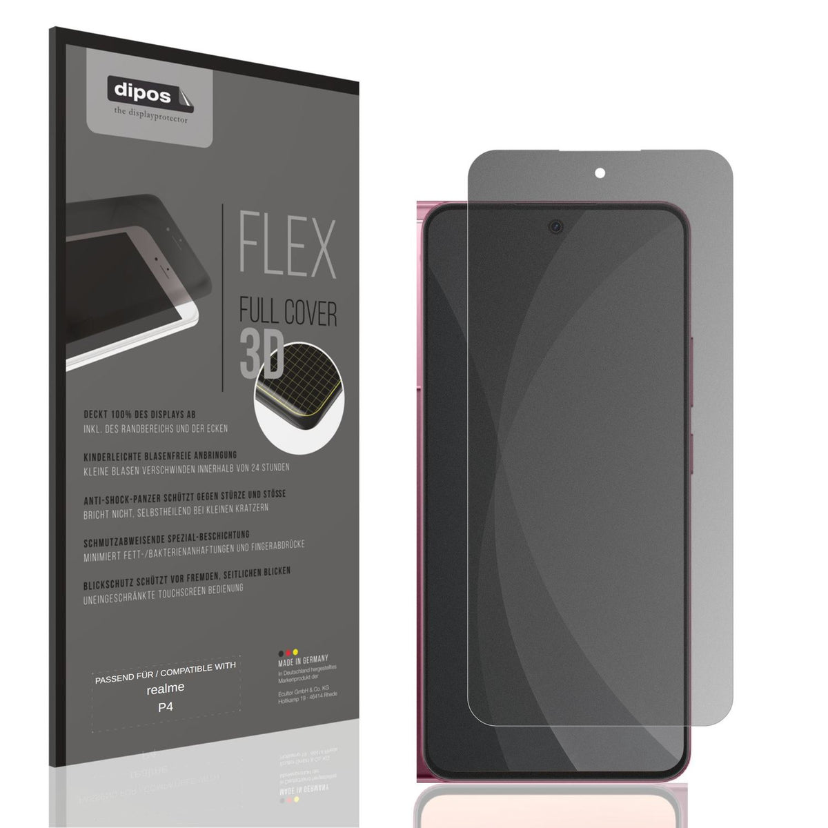 Blickschutzfolie von dipos passend für realme P4, 100% Displayabdeckung und blasenfreie Montage