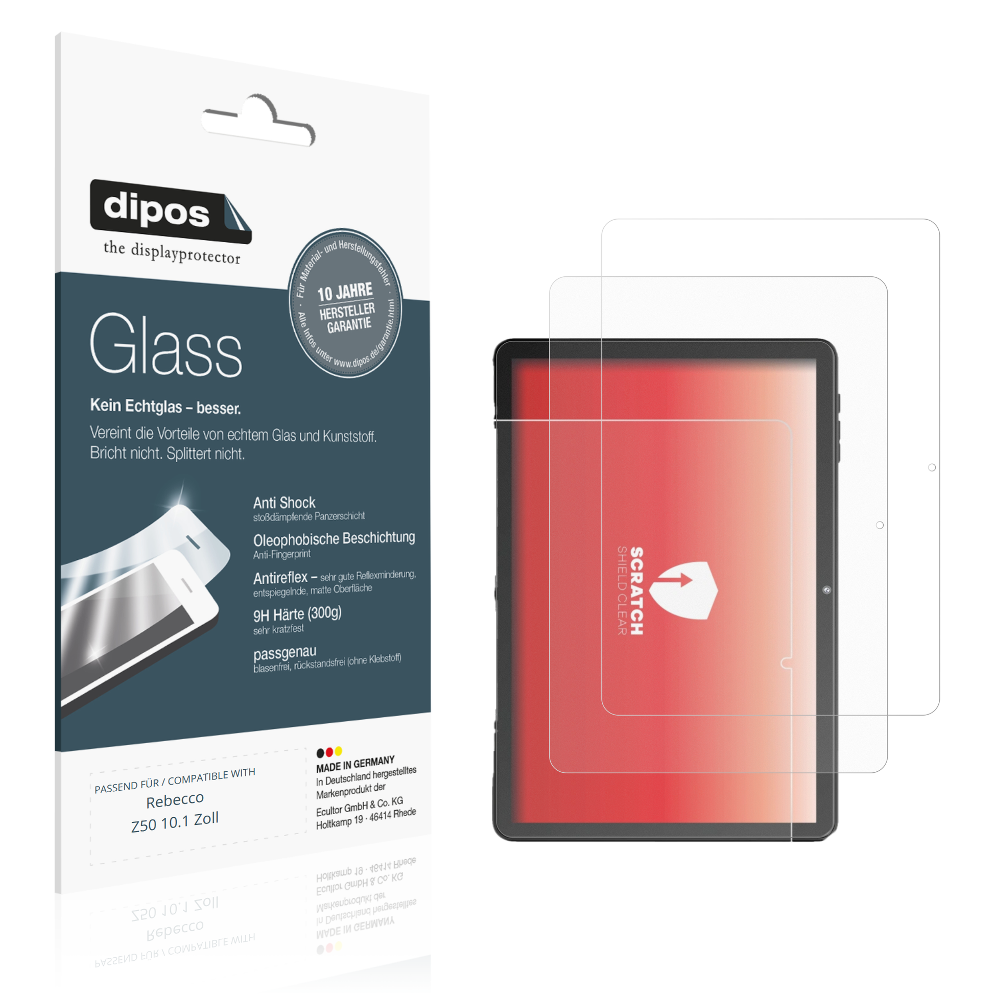 Matte Displayschutzfolie von dipos passend für Rebecco Z50 10.1 Zoll, 9H kratzfest und blasenfrei montiert