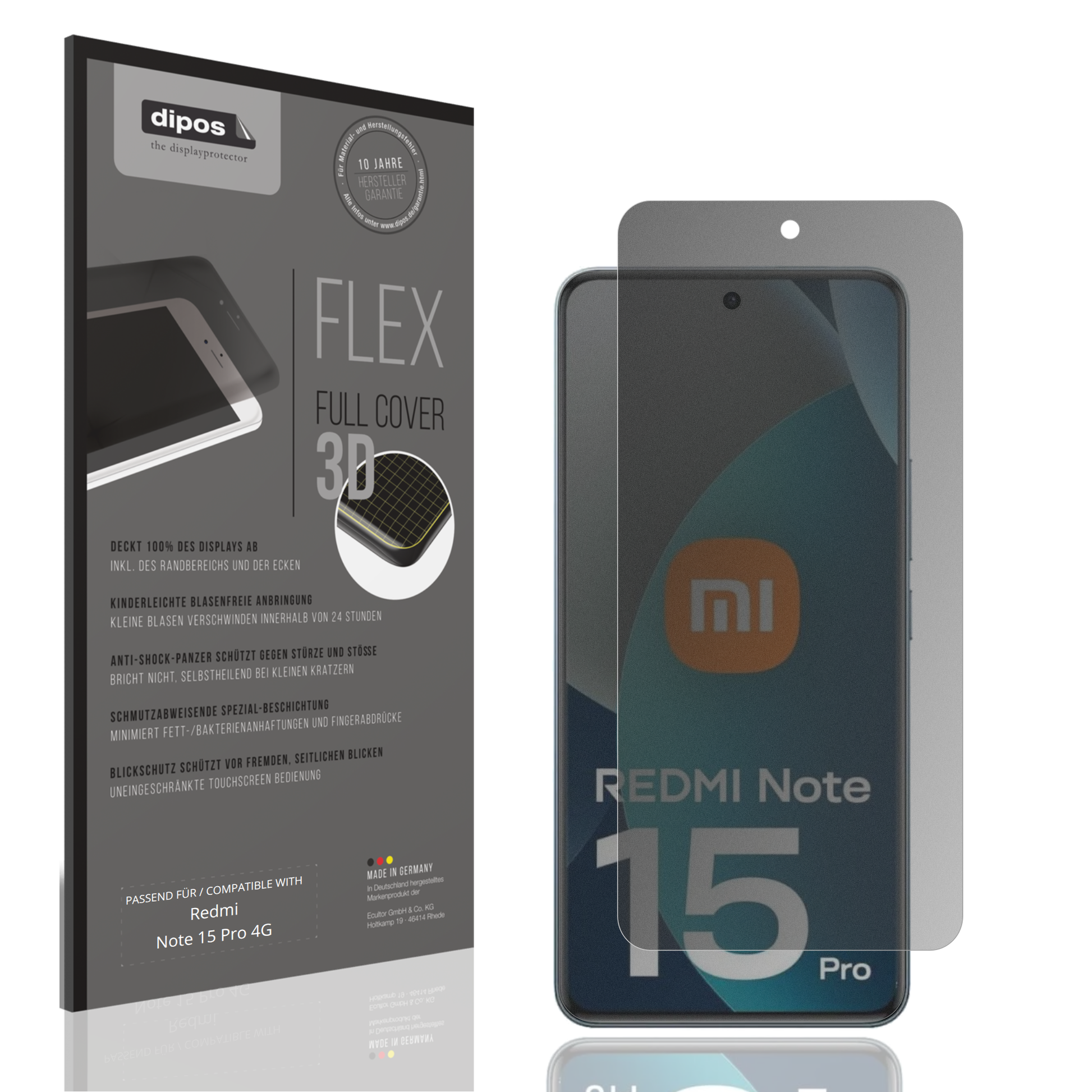 Blickschutzfolie von dipos passend für Redmi Note 15 Pro 4G, 100% Displayabdeckung und blasenfreie Montage