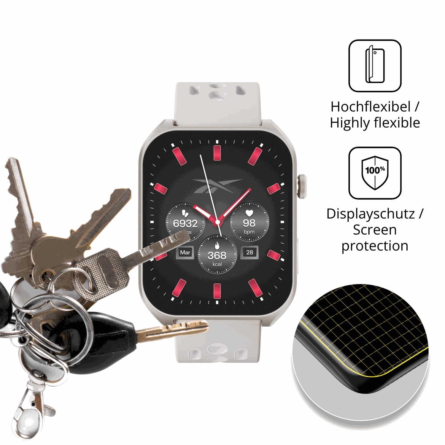 dipos Displayschutz für Reebok Icon Smartwatch, transparente Oberfläche, perfekte Passform auch für die Rundungen