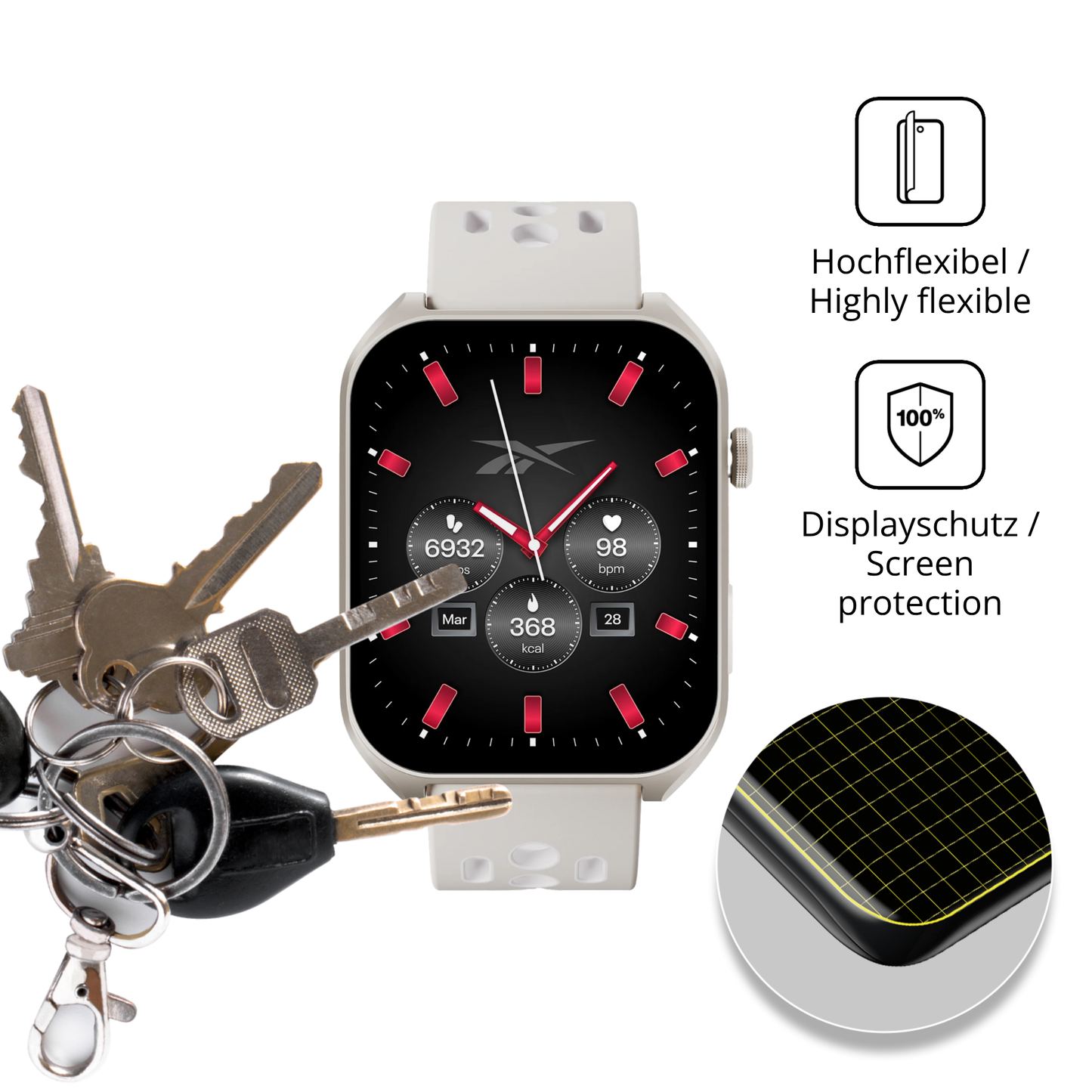 dipos Displayschutz für Reebok Icon Smartwatch, transparente Oberfläche, geringe Dicke und perfekte Passform