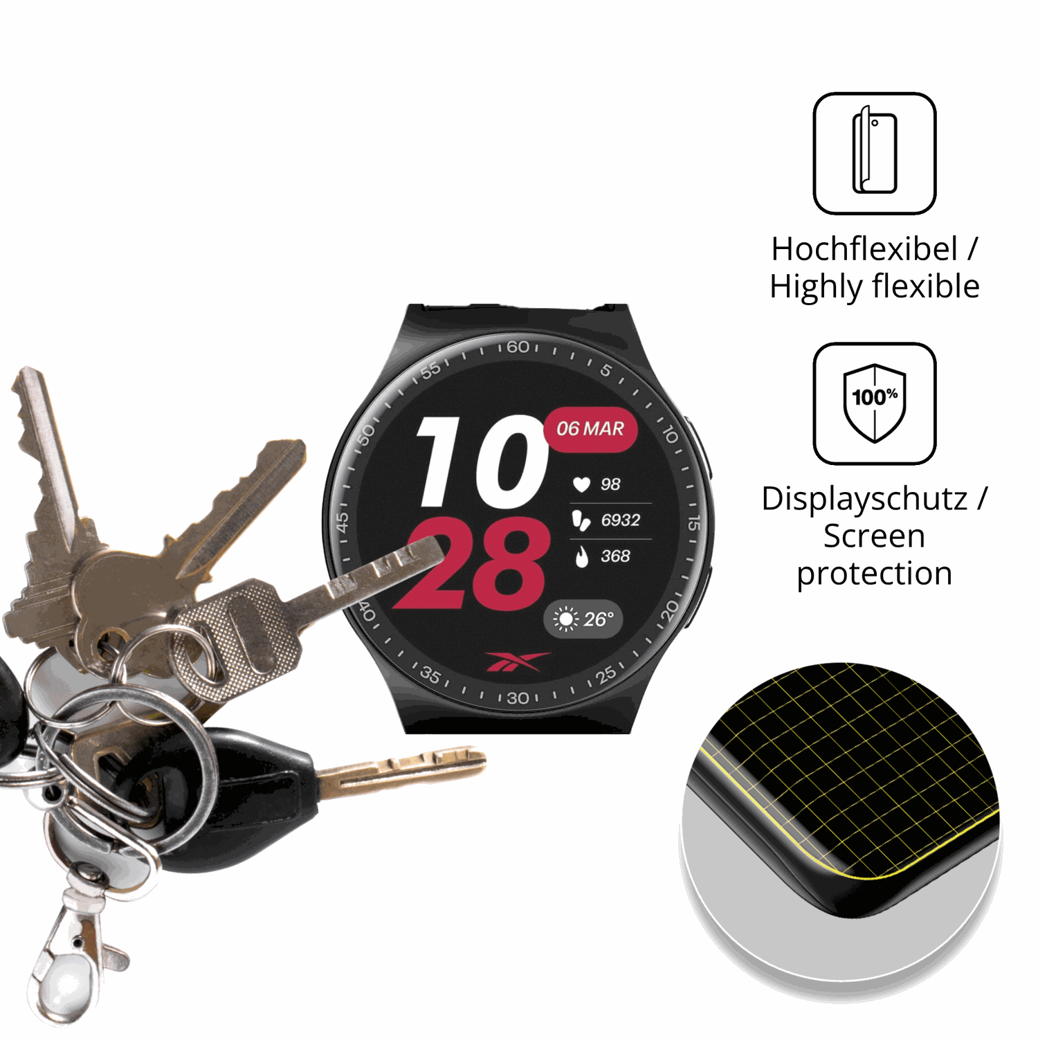 dipos Displayschutz für Reebok Pulse Smartwatch, transparente Oberfläche, perfekte Passform auch für die Rundungen