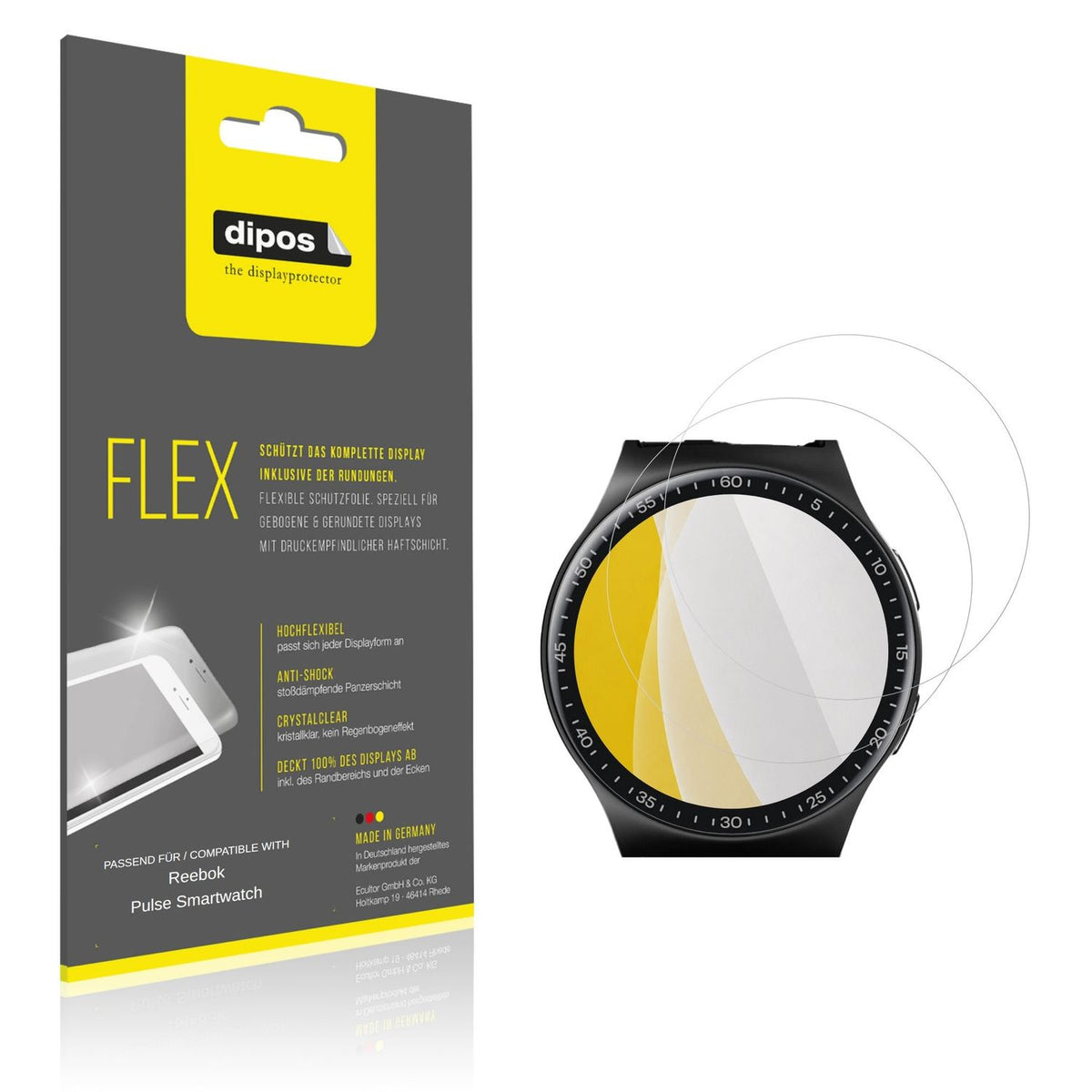 Klare Displayschutzfolie von dipos passend für Reebok Pulse Smartwatch, 100% Displayabdeckung und blasenfreie Montage