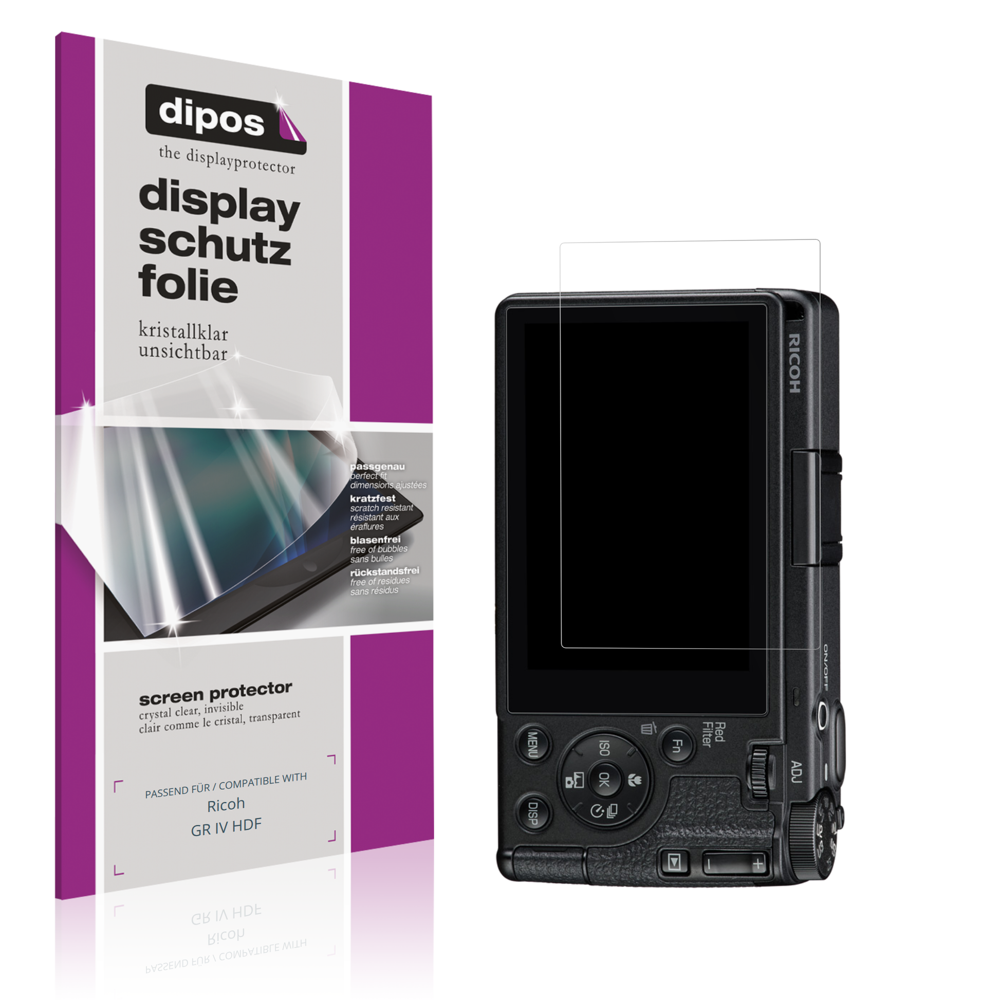 Klare Displayschutzfolie von dipos passend für Ricoh GR IV HDF, präziser Zuschnitt und blasenfrei montiert
