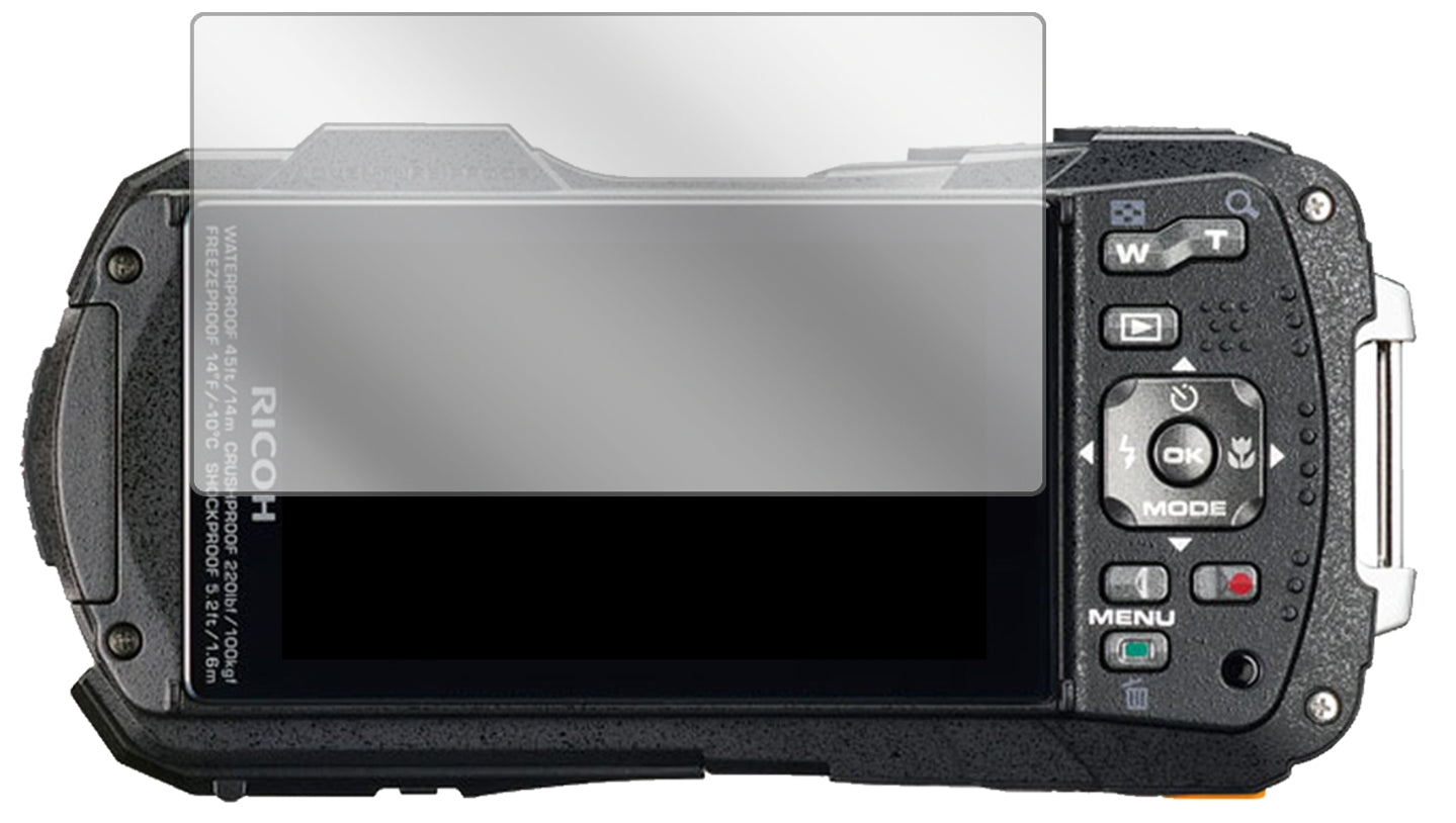 RicohWG-70 mit aufgebrachter dipos Displayschutzfolie, glasklare Darstellung ohne Einschränkungen