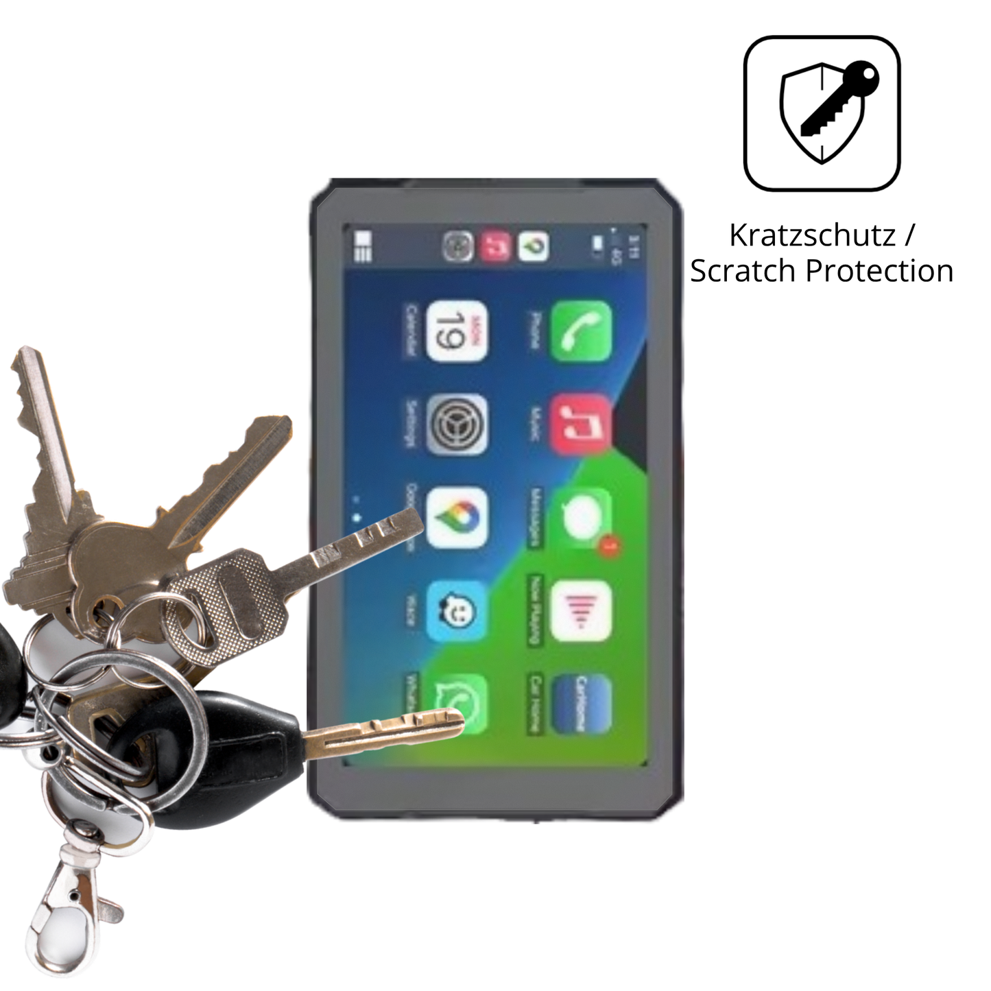 Schutz gegen Kratzer auf dem RiderNav R7M Glas durch Schlüssel oder Ähnliches