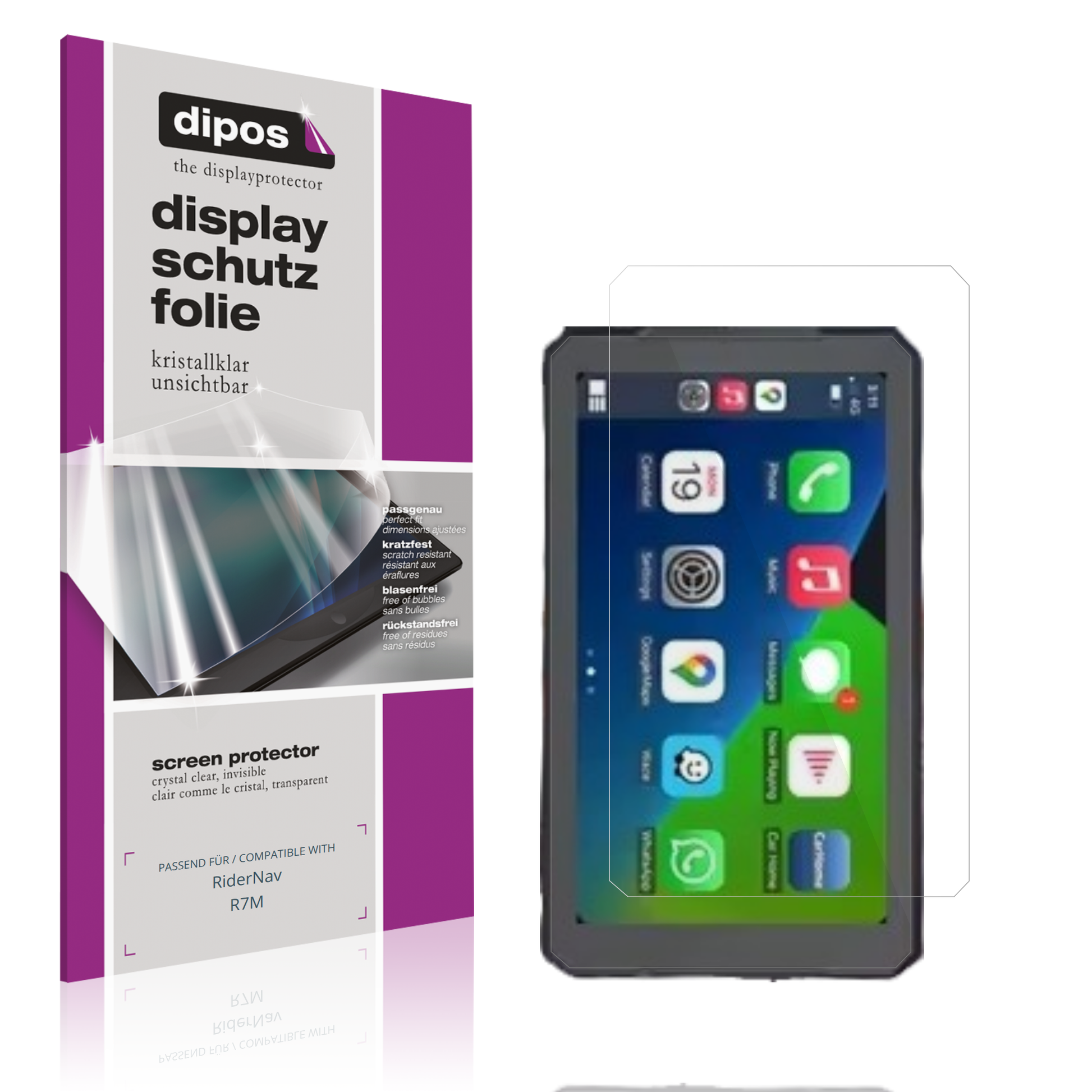 Klare Displayschutzfolie von dipos passend für RiderNav R7M, präziser Zuschnitt und blasenfrei montiert