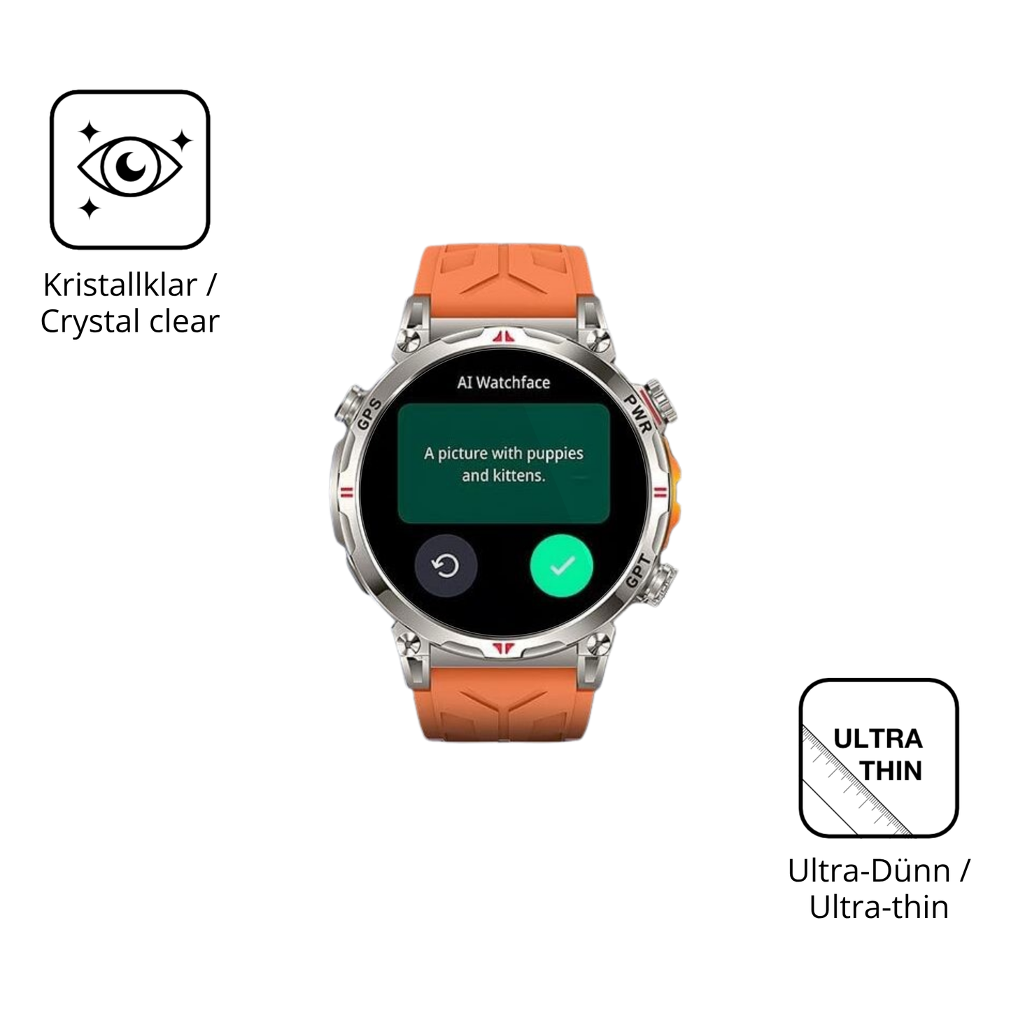 Dünne und klare Folie passend zugeschnitten für Rmana Militär Smartwatch 1.6 Zoll