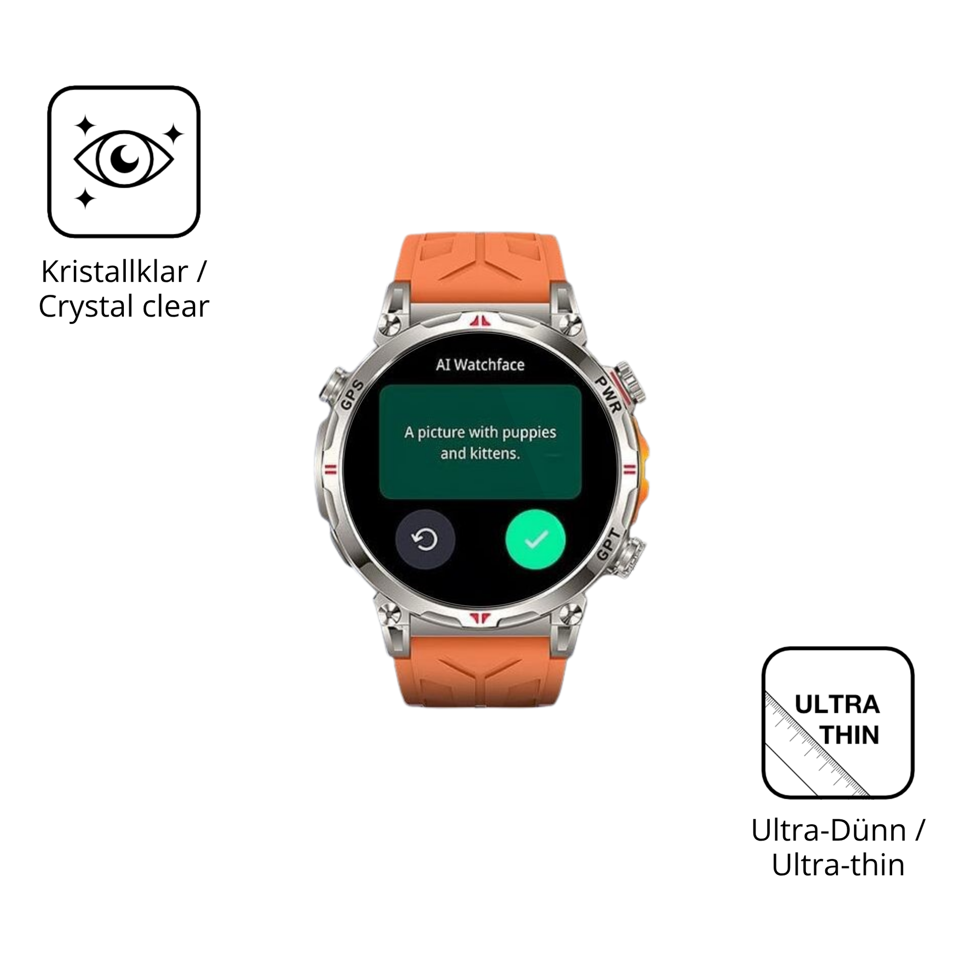 Dünne und klare Folie passend zugeschnitten für Rmana Militär Smartwatch 1.6 Zoll