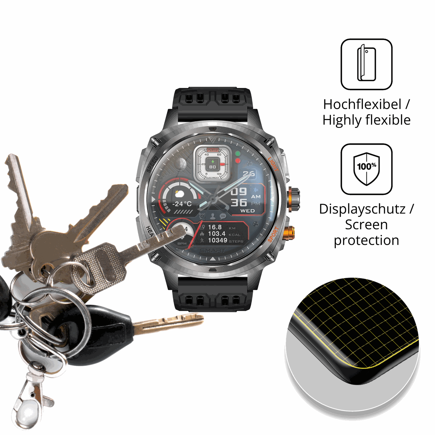 dipos Displayschutz für rogbidtitan v 1.75 zoll, transparente Oberfläche, perfekte Passform auch für die Rundungen