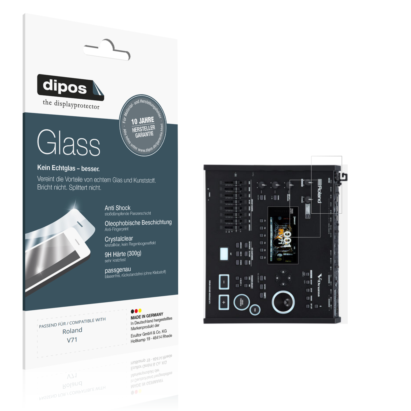 Klare Displayschutzfolie von dipos passend für Roland V71, 9H kratzfest und blasenfrei montiert