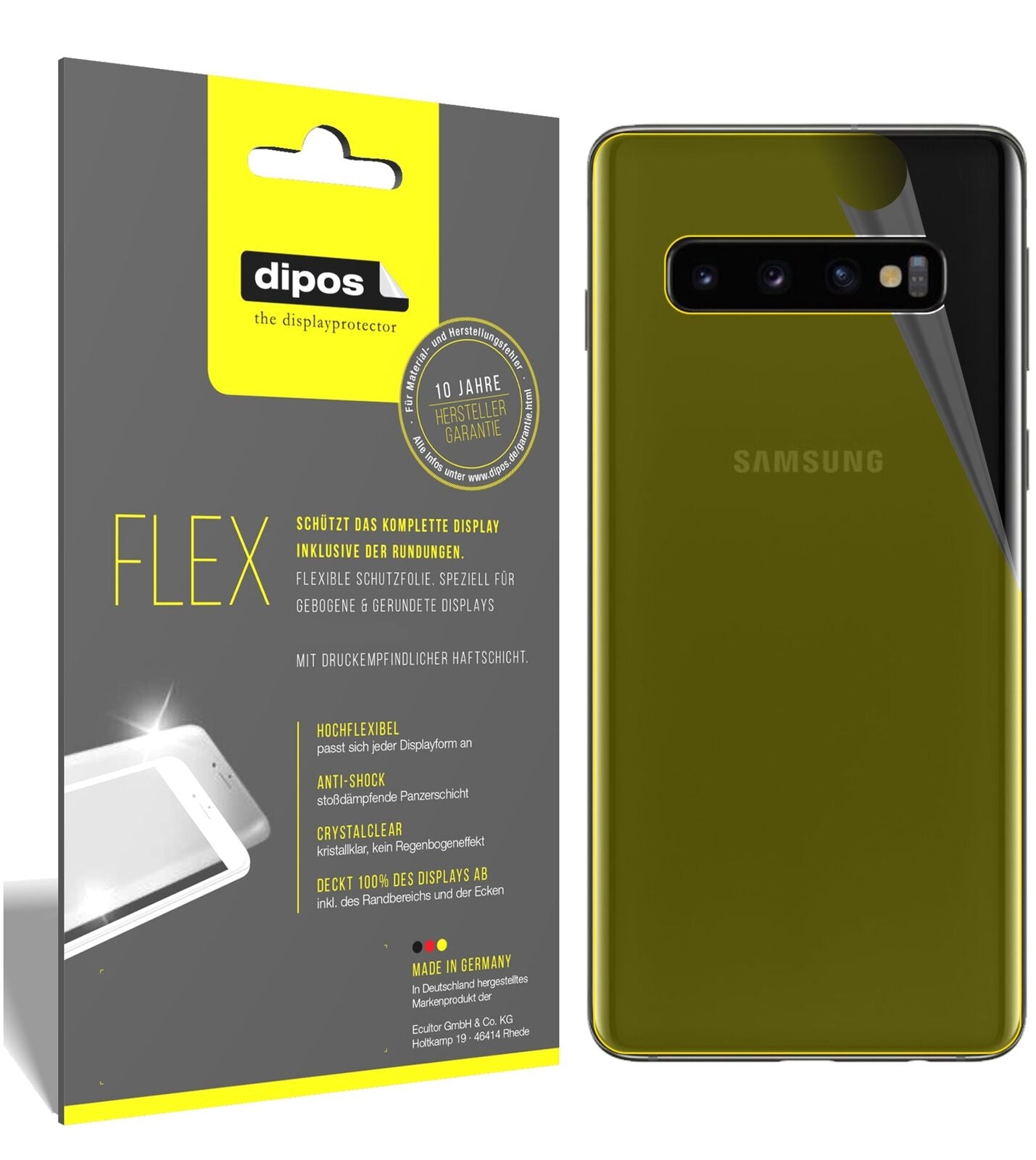 dipos Displayschutz für Samsung Galaxy S10 Rückseite, transparente Oberfläche, geringe Dicke und perfekte Passform