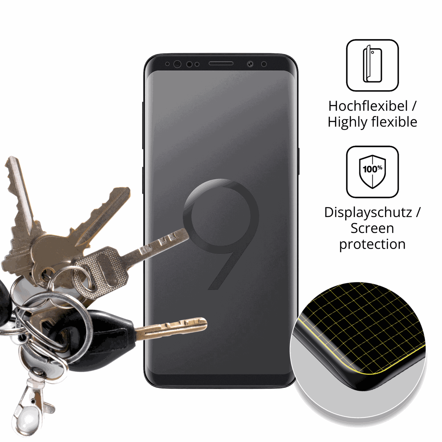 dipos Displayschutz für Samsung Galaxy S9, transparente Oberfläche, perfekte Passform auch für die Rundungen