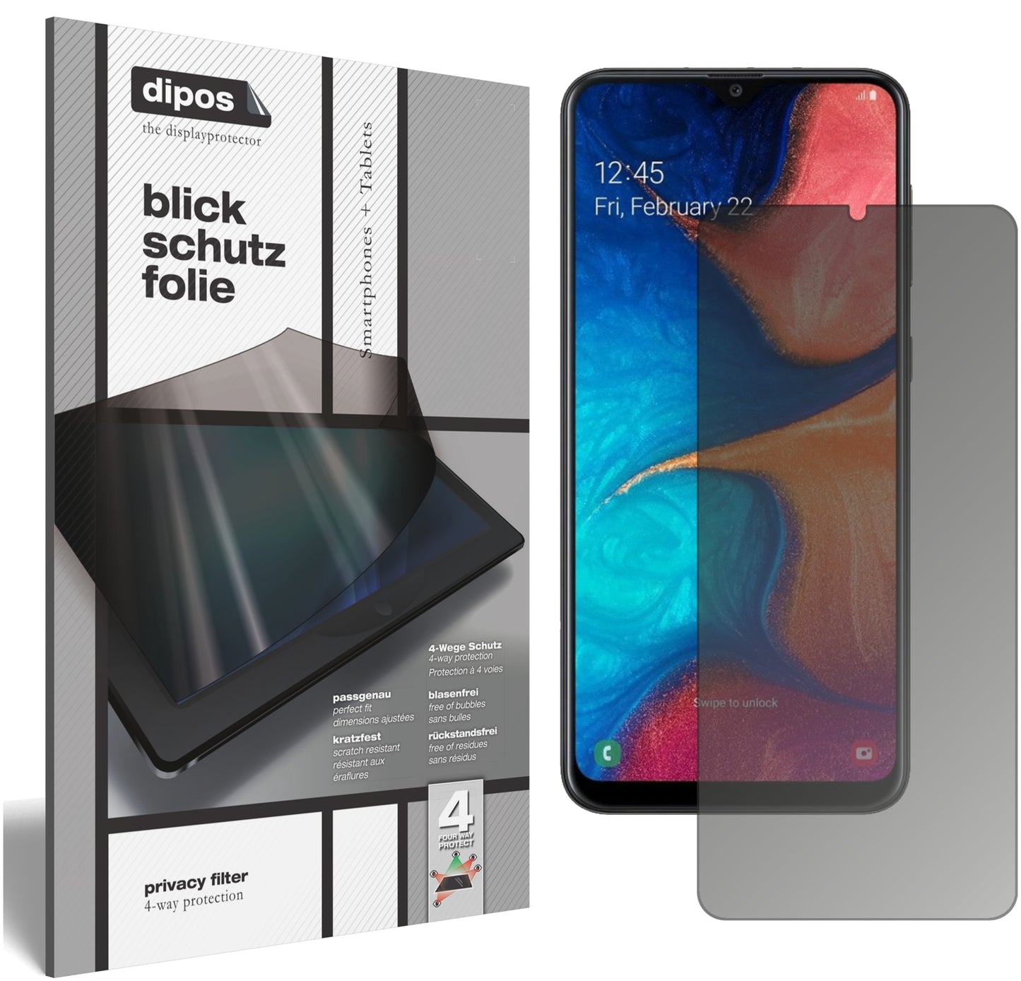 Blickschutzfolie von dipos passend für Samsung Galaxy A20, präziser Zuschnitt und blasenfrei montiert