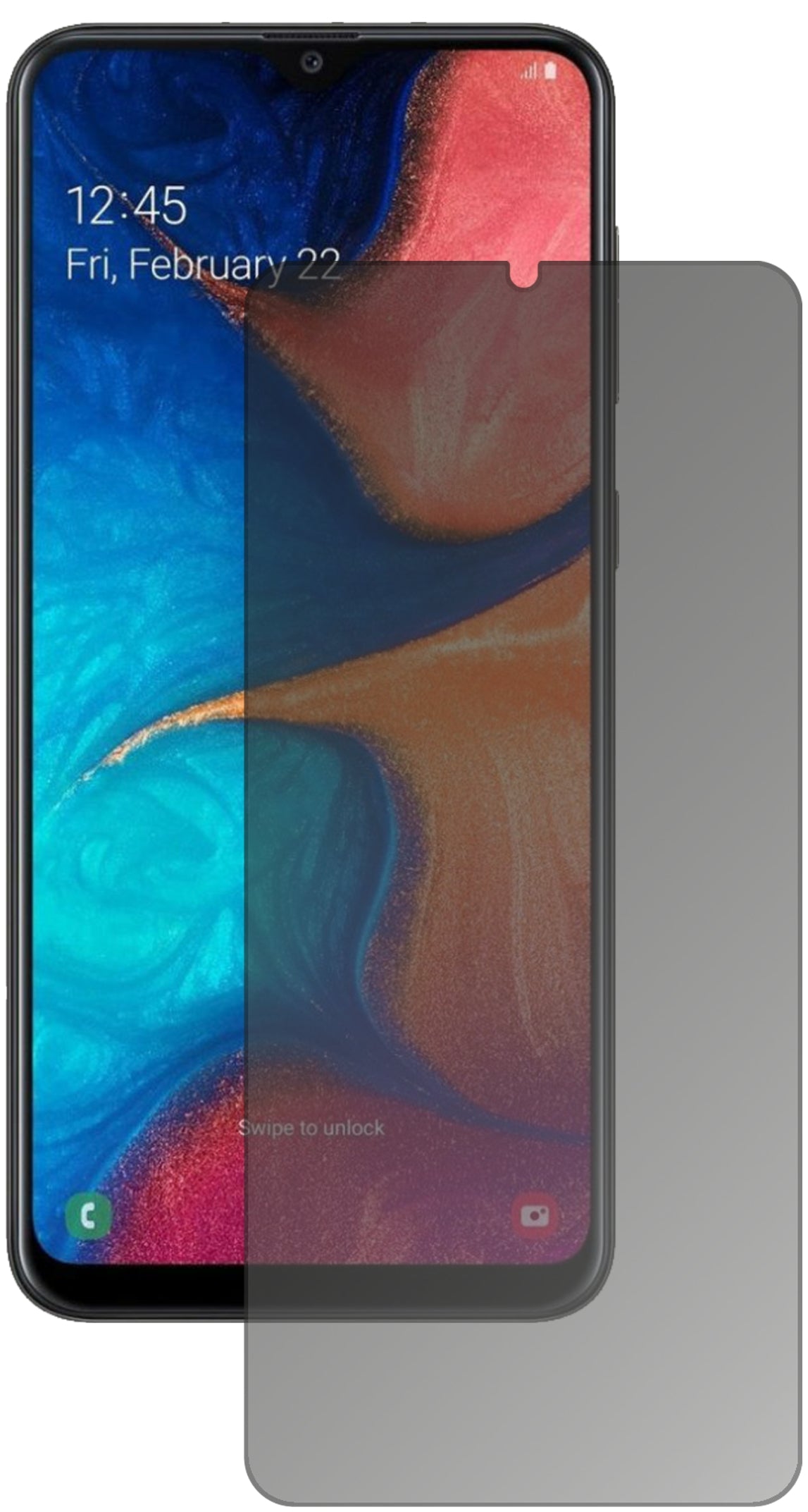 SamsungGalaxy A20 mit aufgebrachtem dipos Displayschutz, der seitliche Einblicke blockiert