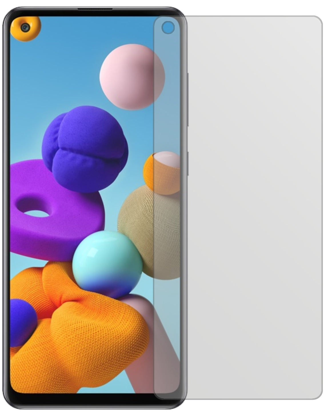 SamsungGalaxy A21s mit aufgebrachter dipos Displayschutzfolie, die lästige Fingerabdrücke minimiert