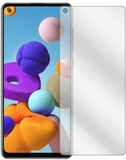 SamsungGalaxy A21s mit aufgebrachter dipos Displayschutzfolie, glasklare Darstellung ohne Einschränkungen