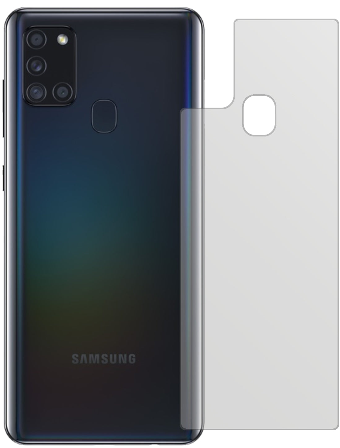 SamsungGalaxy A21s Rückseite mit aufgebrachter dipos Displayschutzfolie, die lästige Fingerabdrücke minimiert