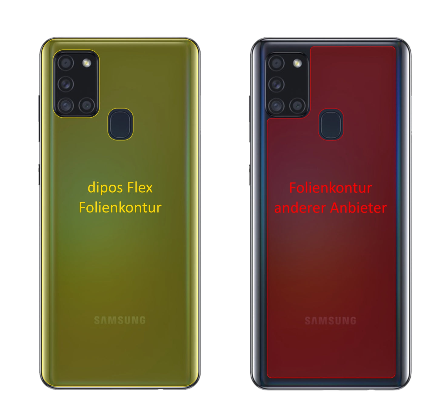 SamsungGalaxy A21s Rückseite mit aufgebrachter dipos Displayschutzfolie, glasklare Darstellung ohne Einschränkungen