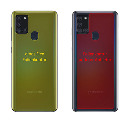 SamsungGalaxy A21s Rückseite mit aufgebrachter dipos Displayschutzfolie, glasklare Darstellung ohne Einschränkungen