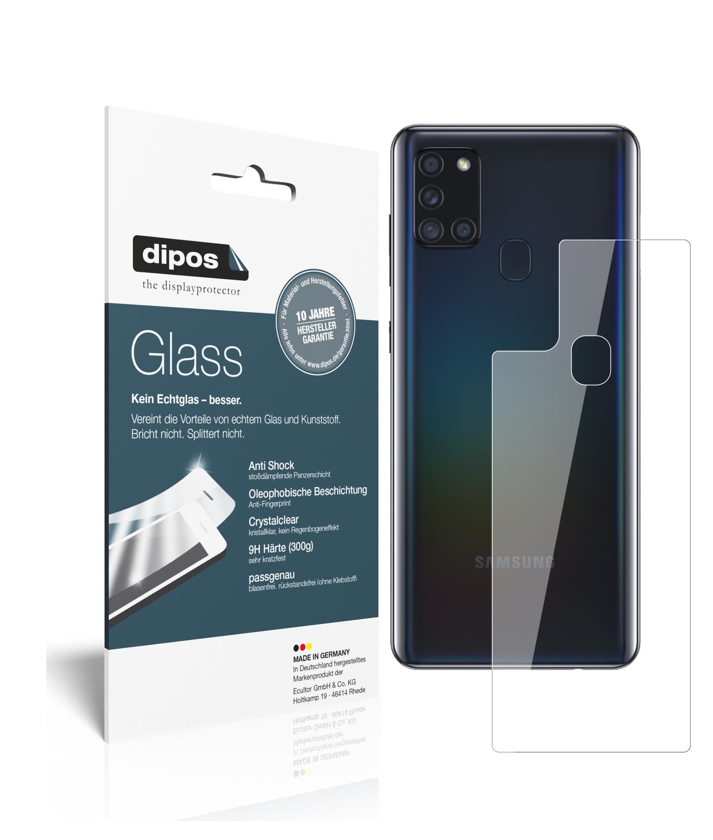 Klare Displayschutzfolie von dipos passend für Samsung Galaxy A21s Rückseite, 9H kratzfest und blasenfrei montiert