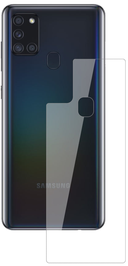 SamsungGalaxy A21s Rückseite mit aufgebrachter dipos Flex Schutzfolie, glasklare Darstellung ohne Einschränkungen