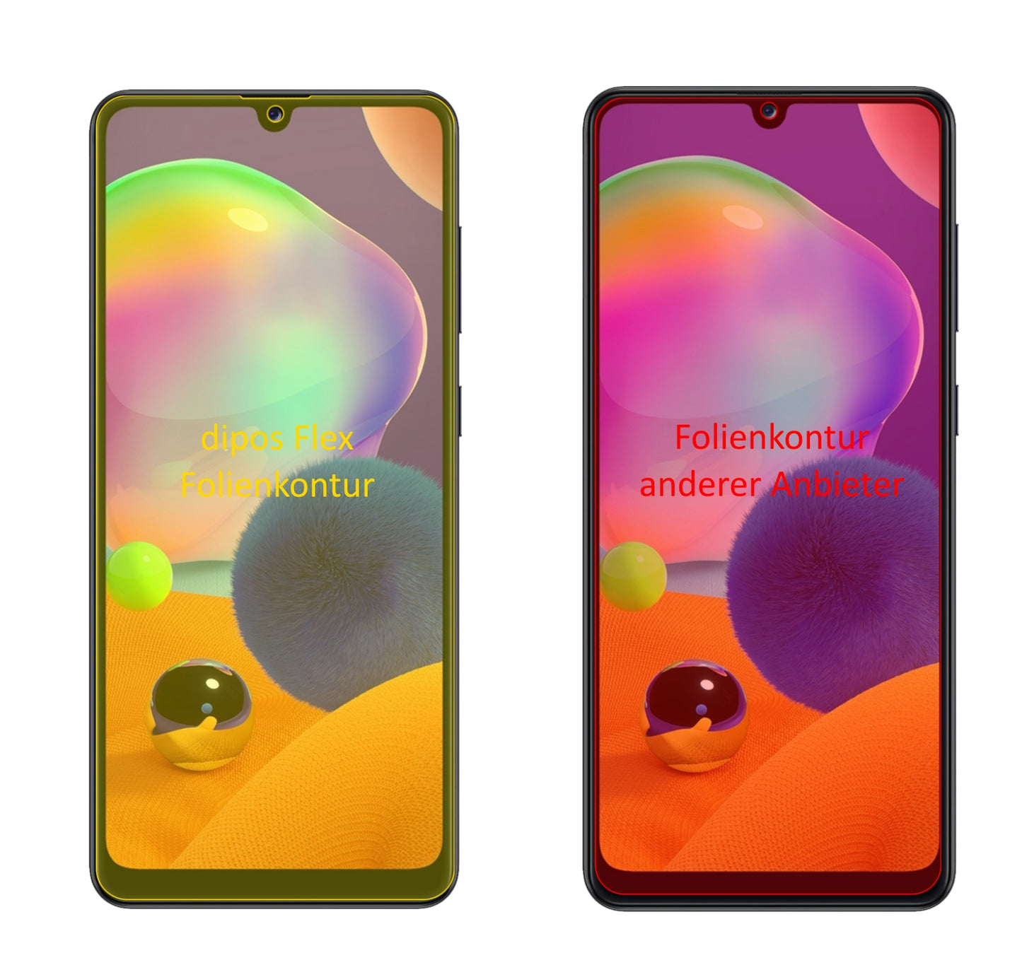 SamsungGalaxy A31 mit aufgebrachter dipos Displayschutzfolie, glasklare Darstellung ohne Einschränkungen