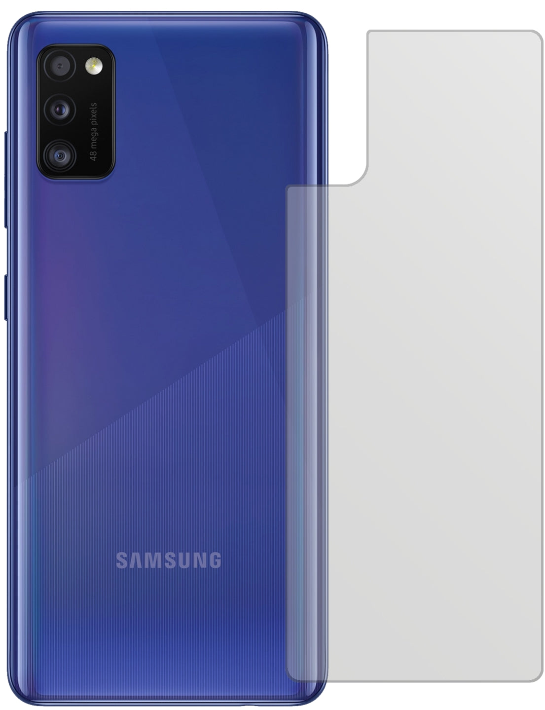 SamsungGalaxy A41 Rückseite mit aufgebrachter dipos Displayschutzfolie, die lästige Fingerabdrücke minimiert