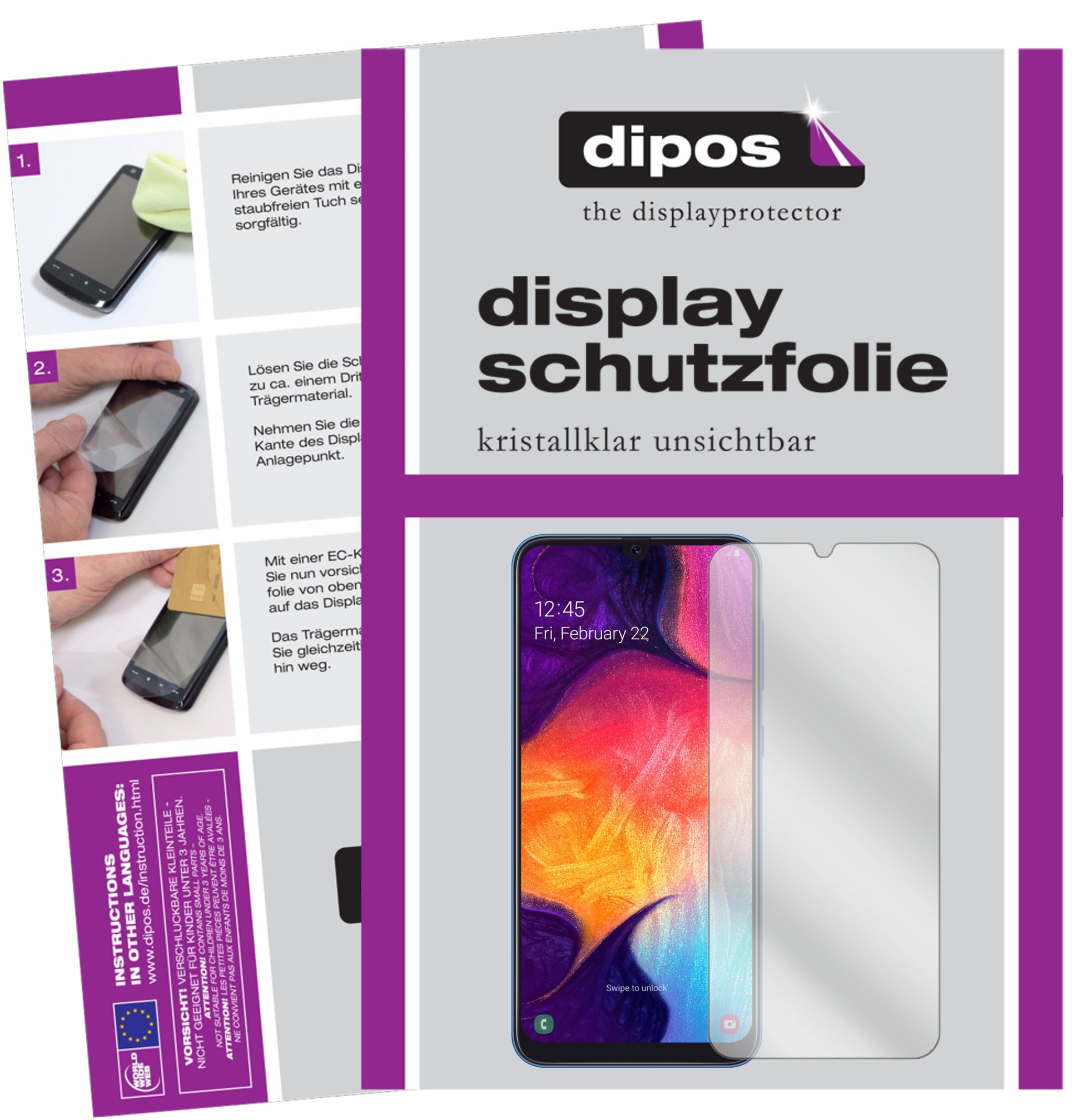Klare Displayschutzfolie von dipos passend für Samsung Galaxy A50s, präziser Zuschnitt und blasenfrei montiert