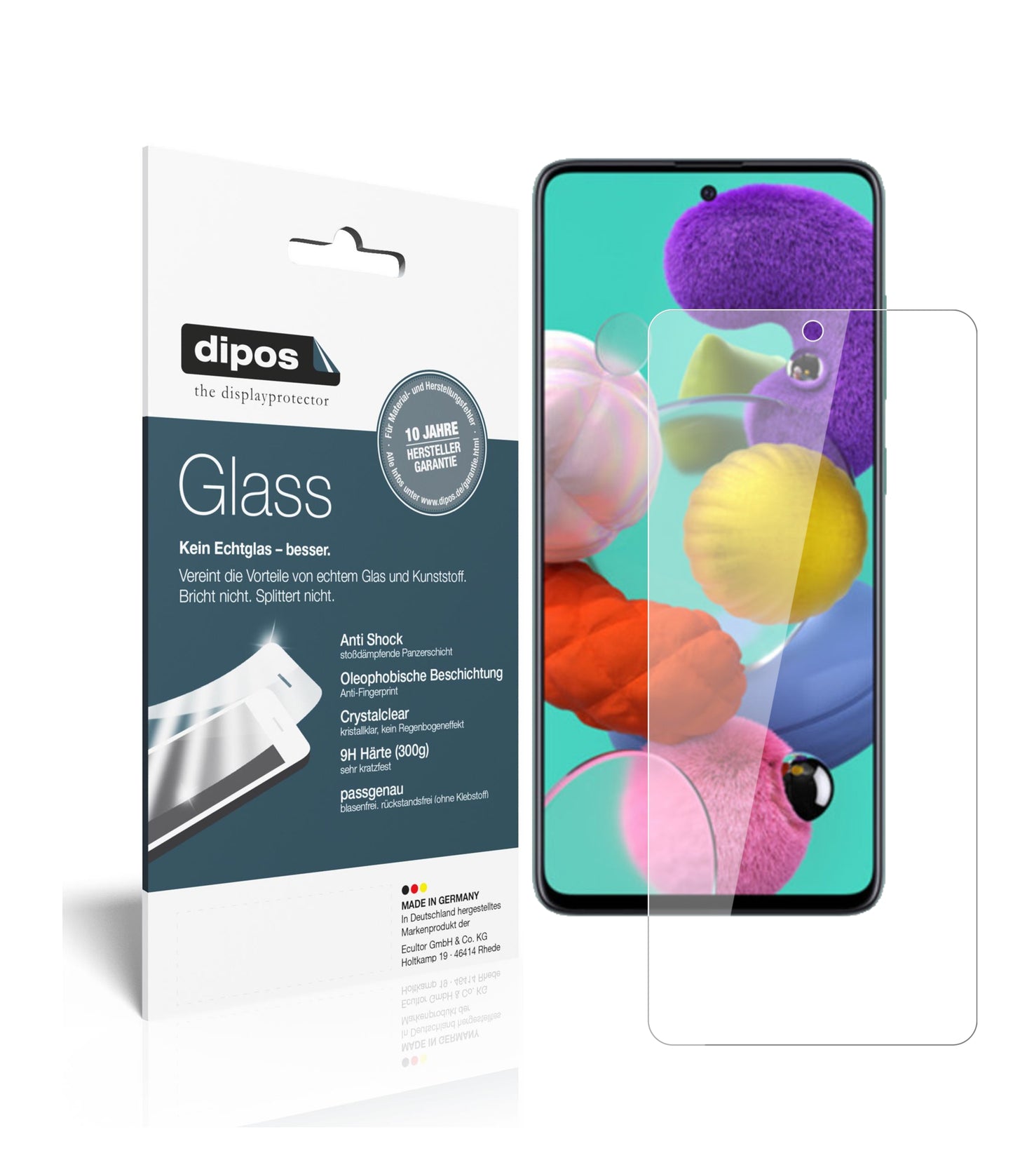 Klare Displayschutzfolie von dipos passend für Samsung Galaxy A51 5G, 9H kratzfest und blasenfrei montiert
