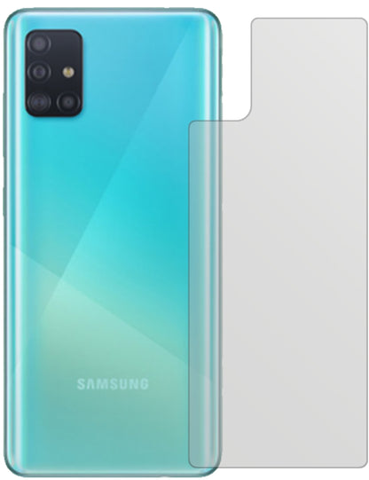 SamsungGalaxy A71 Rückseite mit aufgebrachter dipos Displayschutzfolie, die lästige Fingerabdrücke minimiert