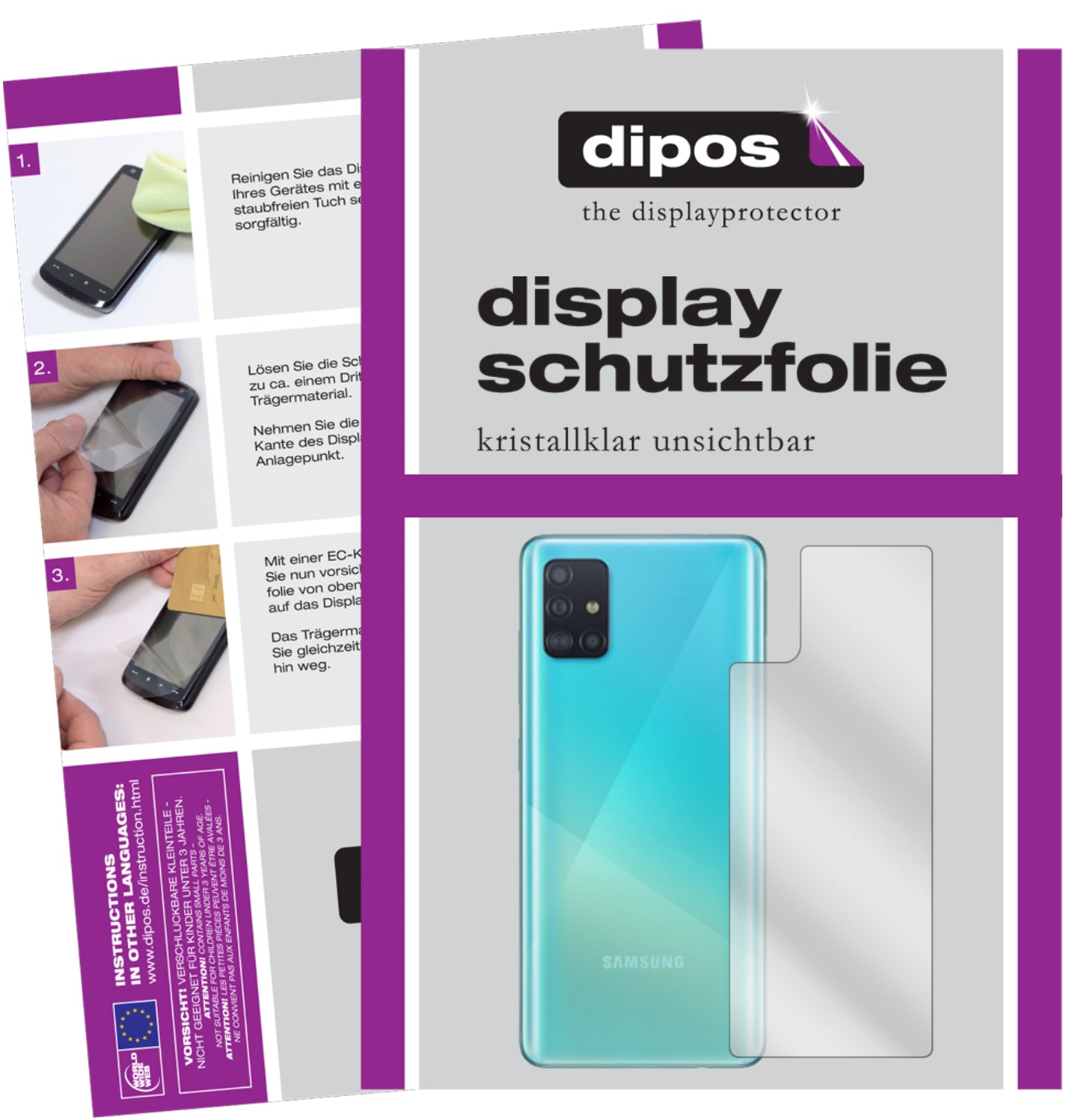 Klare Displayschutzfolie von dipos passend für Samsung Galaxy A51 Rückseite, präziser Zuschnitt und blasenfrei montiert