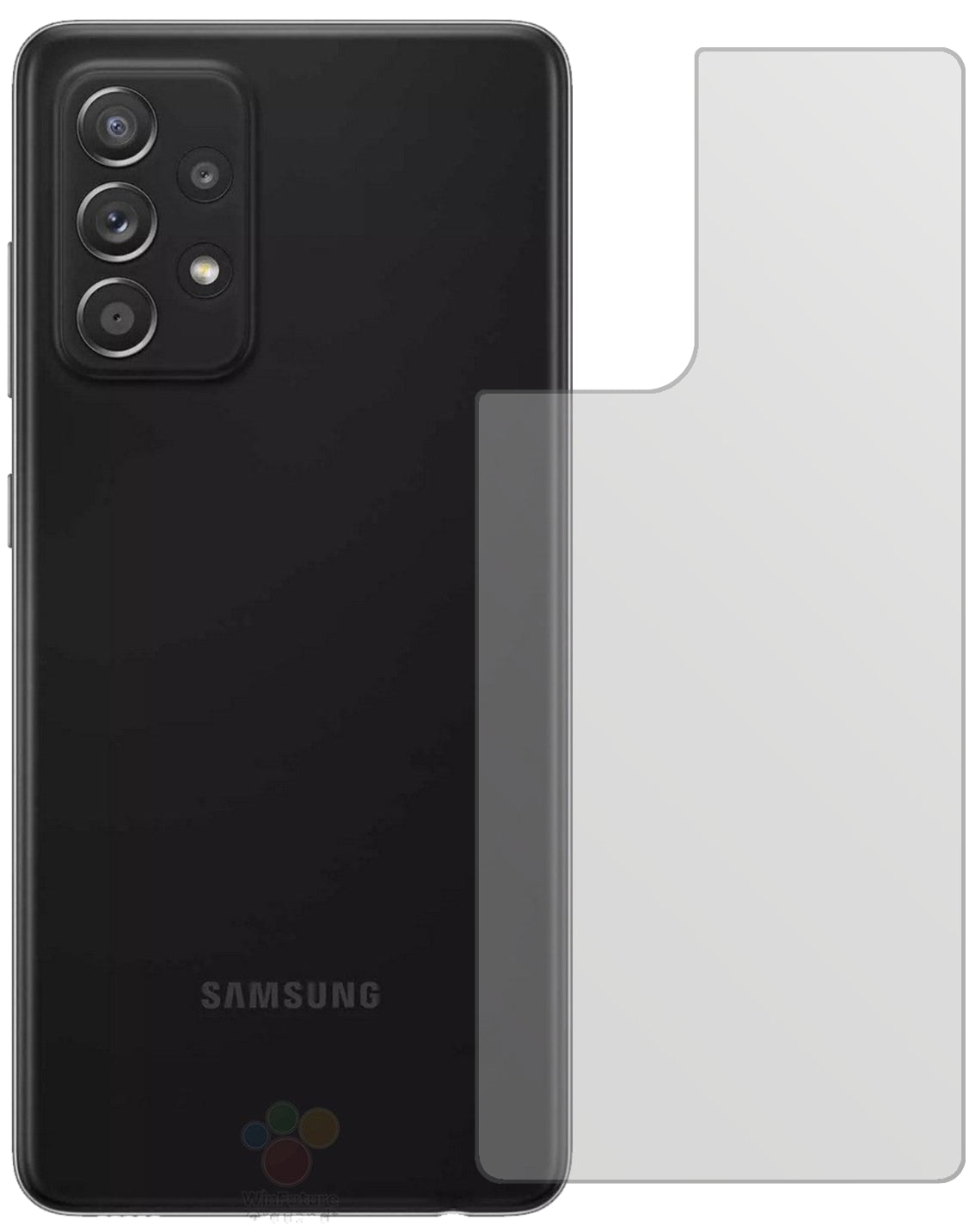 SamsungGalaxy A52s 5G Rückseite mit aufgebrachter dipos Displayschutzfolie, die lästige Fingerabdrücke minimiert
