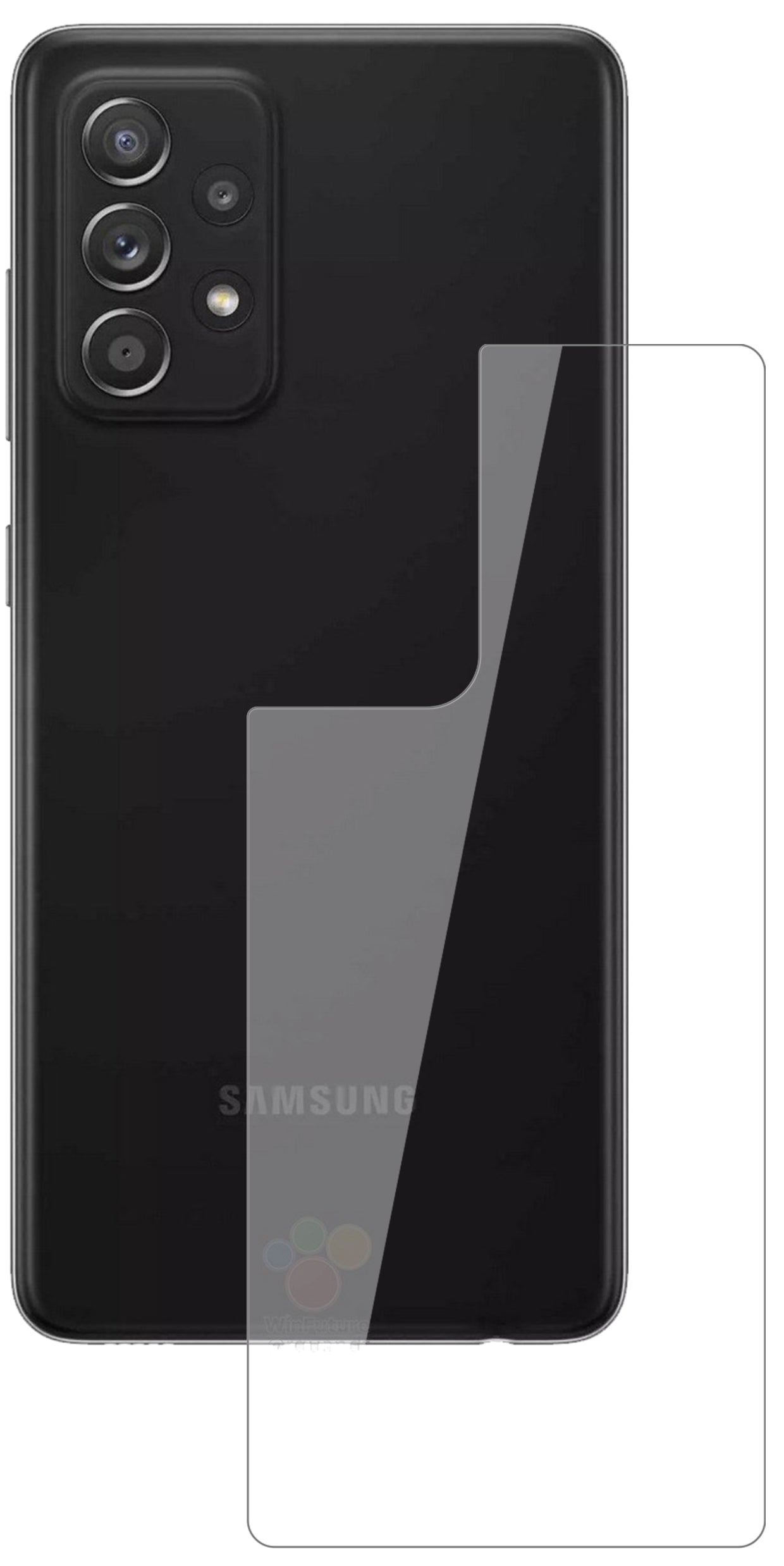 SamsungGalaxy A52s 5G Rückseite mit aufgebrachter dipos Flex Schutzfolie, glasklare Darstellung ohne Einschränkungen