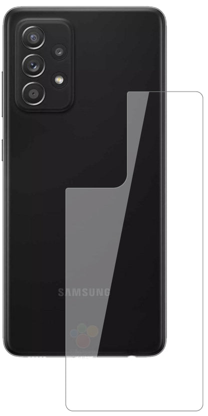 SamsungGalaxy A52s 5G Rückseite mit aufgebrachter dipos Flex Schutzfolie, glasklare Darstellung ohne Einschränkungen
