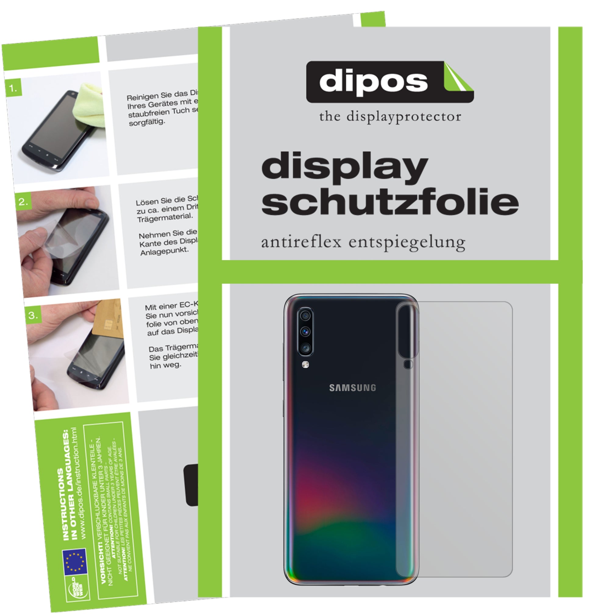 Mattes Panzerglas: Entspiegelte, dünne Folie, Fingerabdruckresistenz und Bildschirmschutz für Samsung-Galaxy A70 Rückseite