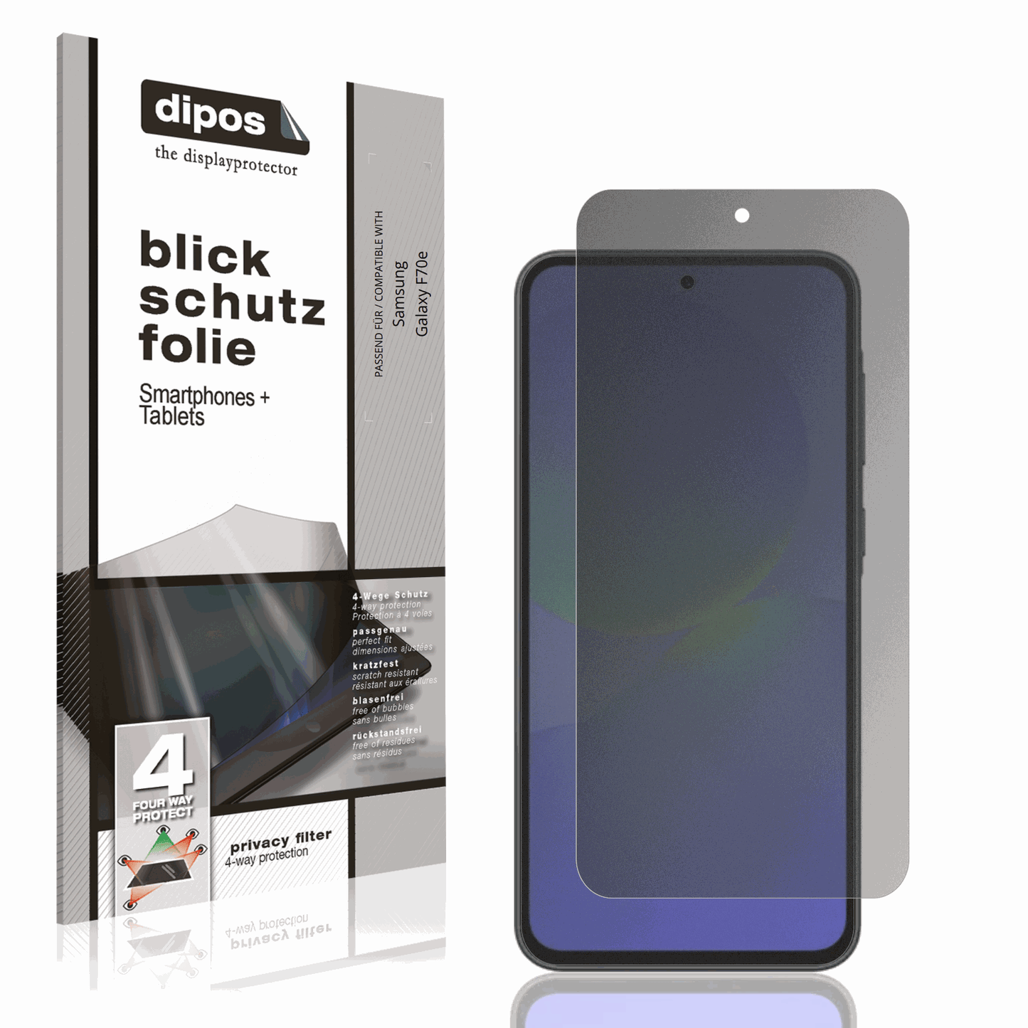 Blickschutzfolie von dipos passend für Samsung Galaxy F70e, präziser Zuschnitt und blasenfrei montiert
