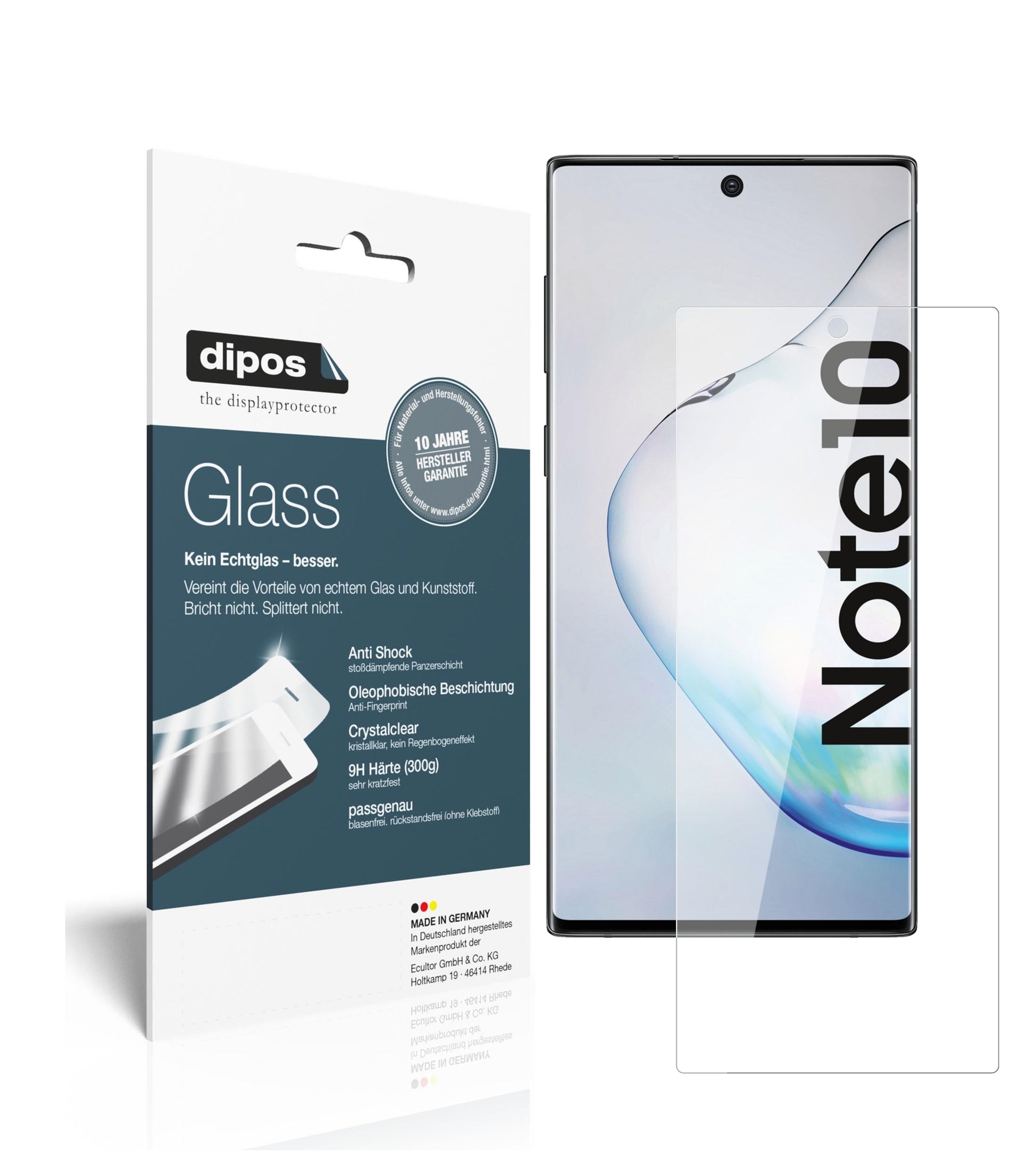 Klare Displayschutzfolie von dipos passend für Samsung Galaxy Note 10, 9H kratzfest und blasenfrei montiert