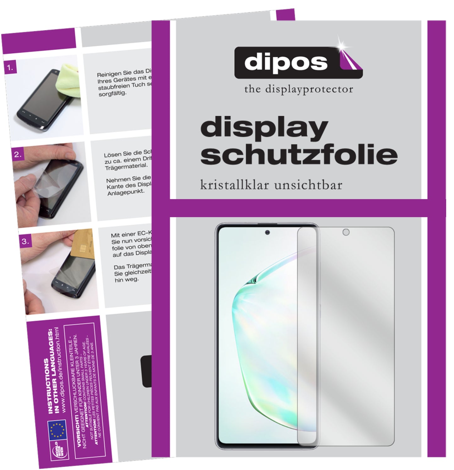 Klare Displayschutzfolie von dipos passend für Samsung Galaxy Note 10 Lite, präziser Zuschnitt und blasenfrei montiert