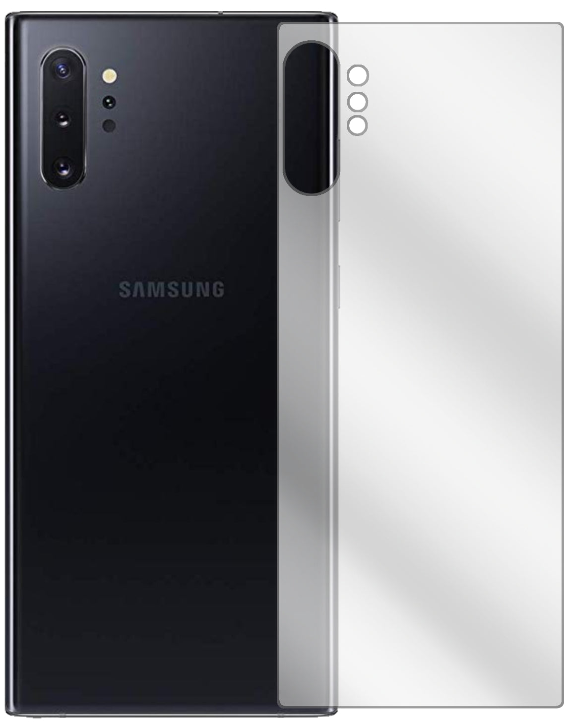 SamsungGalaxy Note 10 Plus Rückseite mit aufgebrachter dipos Displayschutzfolie, glasklare Darstellung ohne Einschränkungen