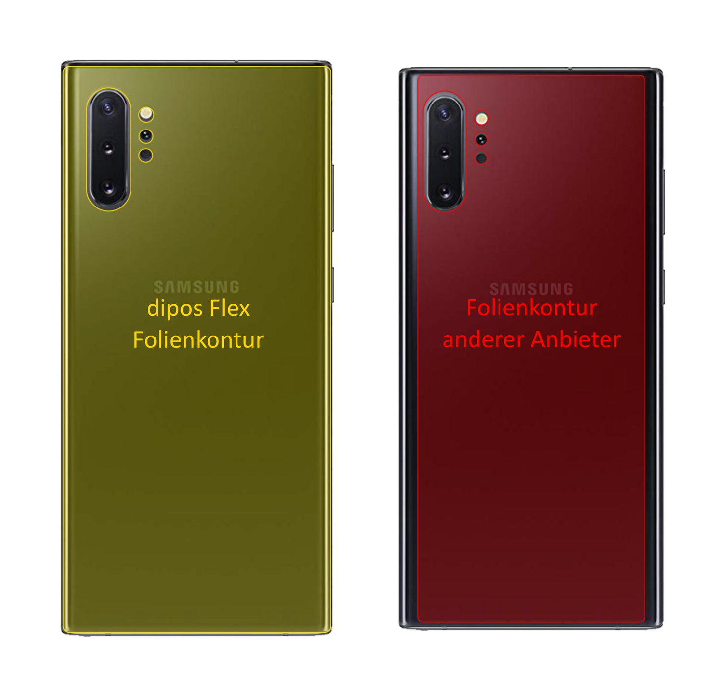 SamsungGalaxy Note 10 Plus 5G Rückseite mit aufgebrachter dipos Displayschutzfolie, glasklare Darstellung ohne Einschränkungen