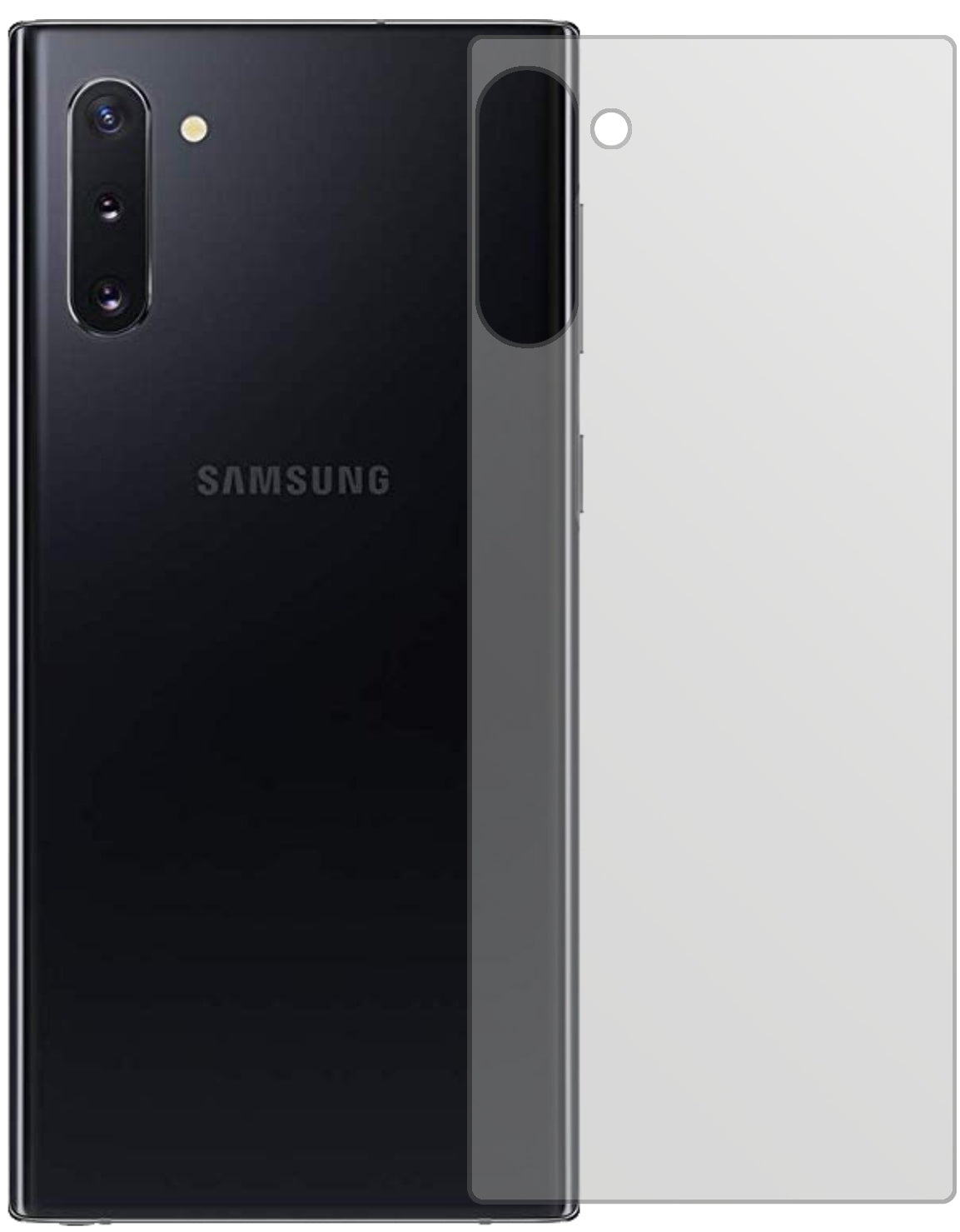 SamsungGalaxy Note 10 5G Rückseite mit aufgebrachter dipos Displayschutzfolie, die lästige Fingerabdrücke minimiert