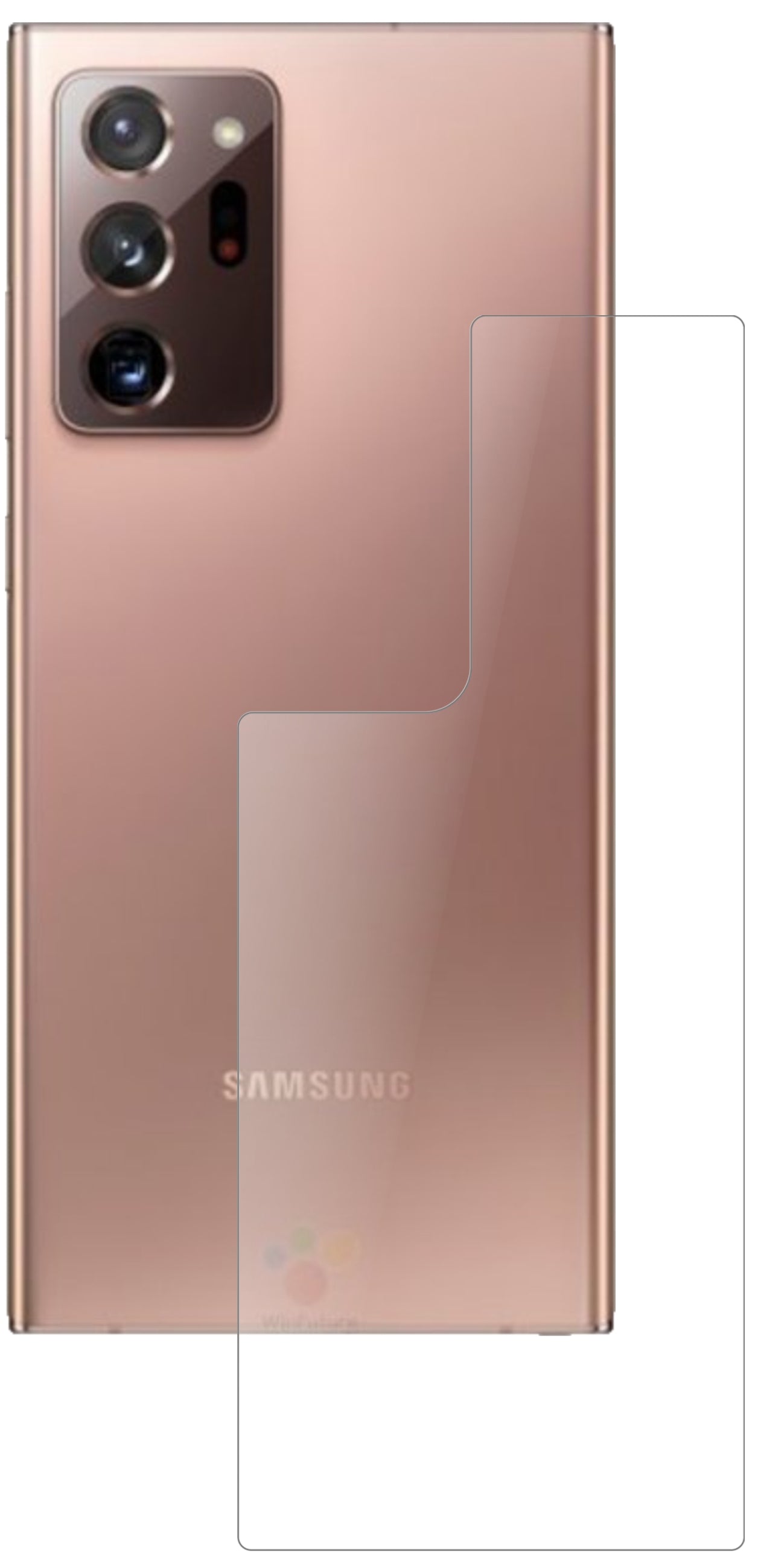 SamsungGalaxy Note 20 Ultra Rückseite mit aufgebrachter dipos Panzerfolie, die lästige Fingerabdrücke minimiert